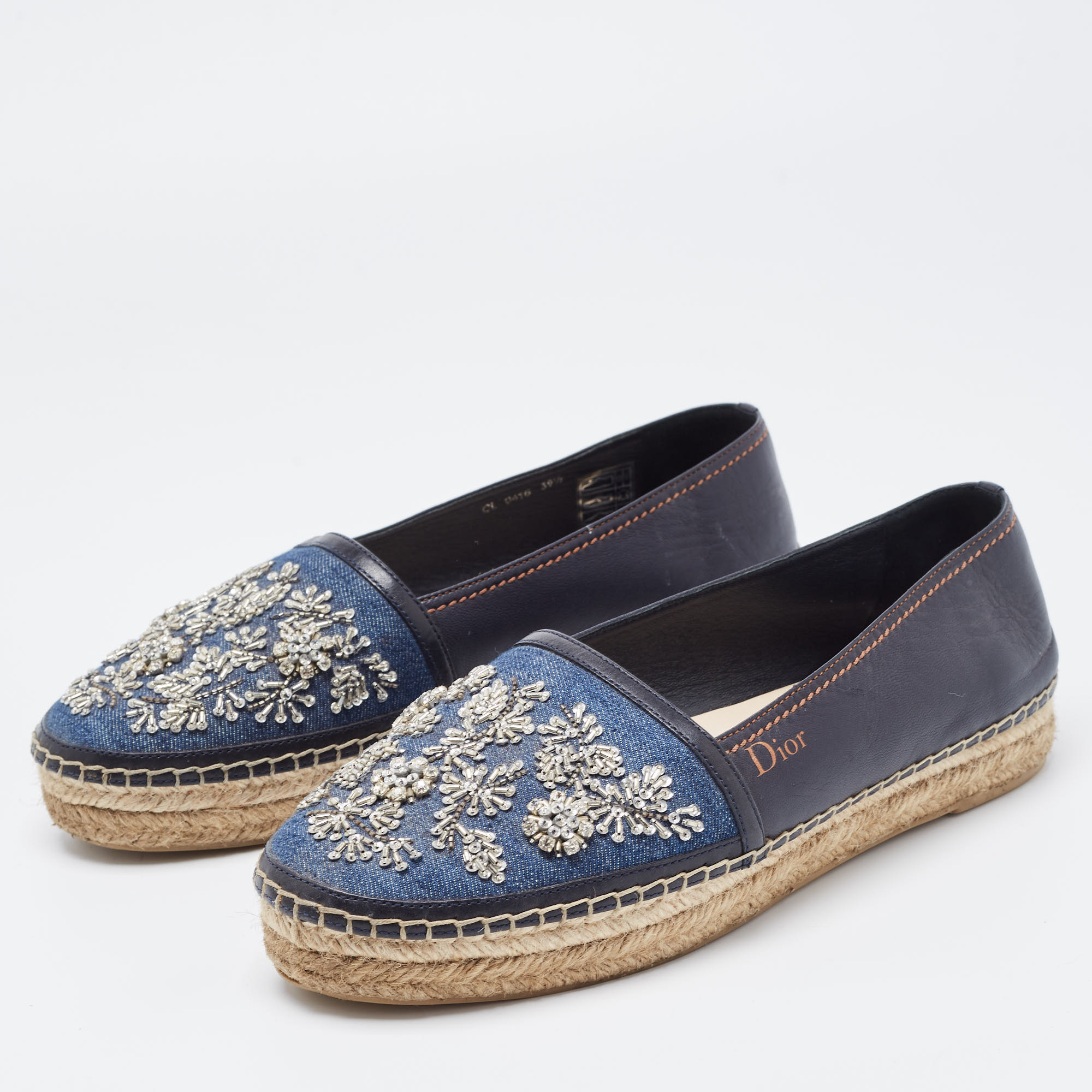 

Dior Blue Leather and Denim Crystal Embellished Flat Espadrilles Size