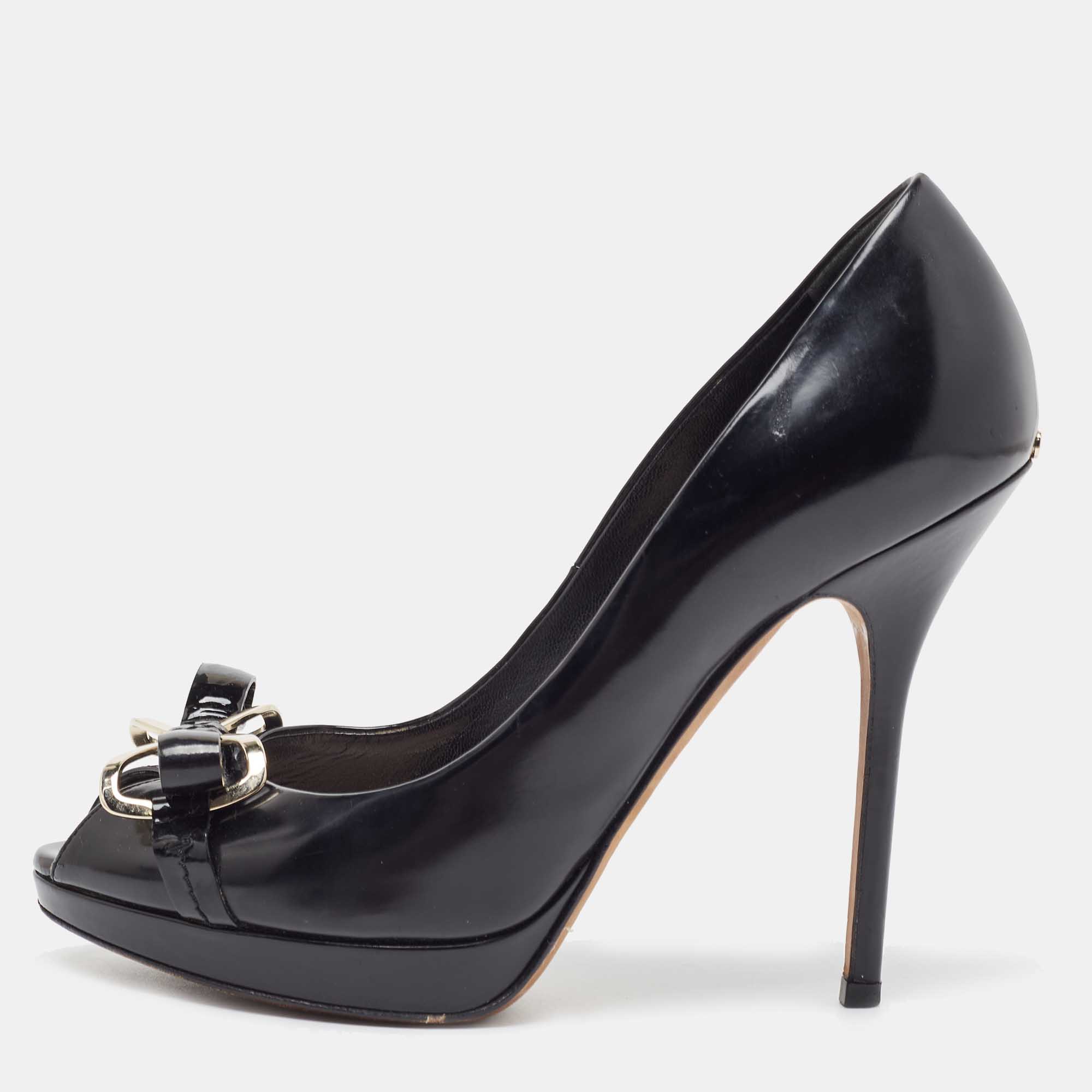 

Dior Black Leather Bow Detail Peep Toe Pumps Size