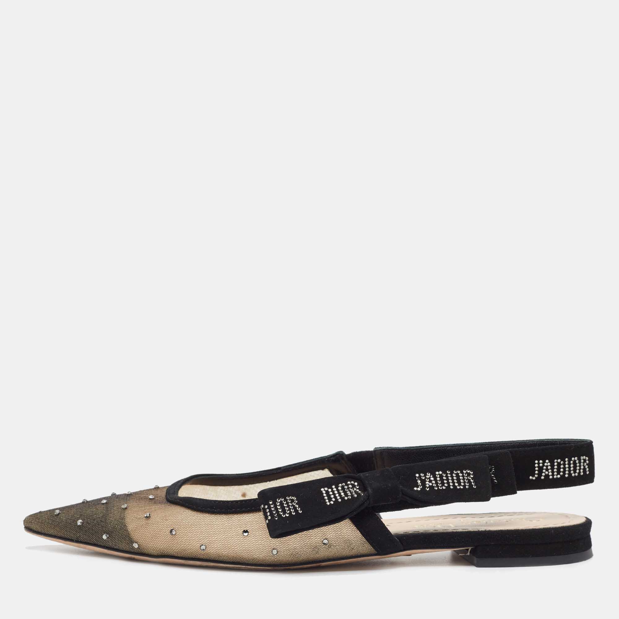 Dior Beige/Black Mesh and Suede J'Adior Slingback Flats Size 38