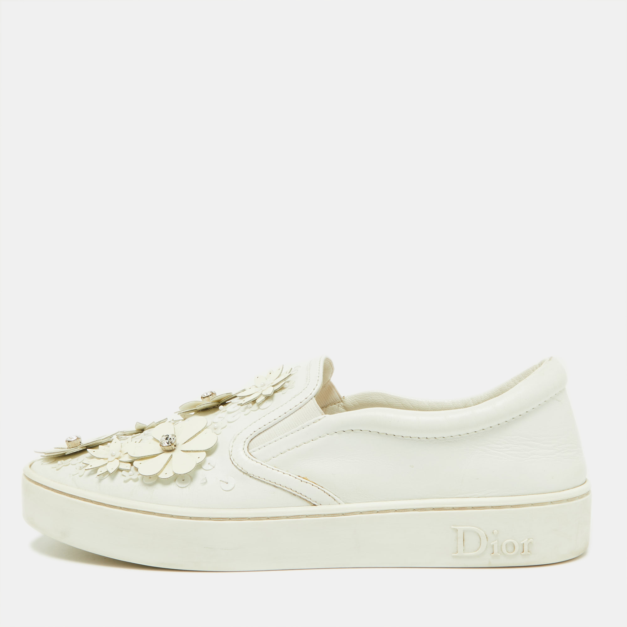 

Dior White Leather Floral Crystal Embellished Slip On Sneakers Size