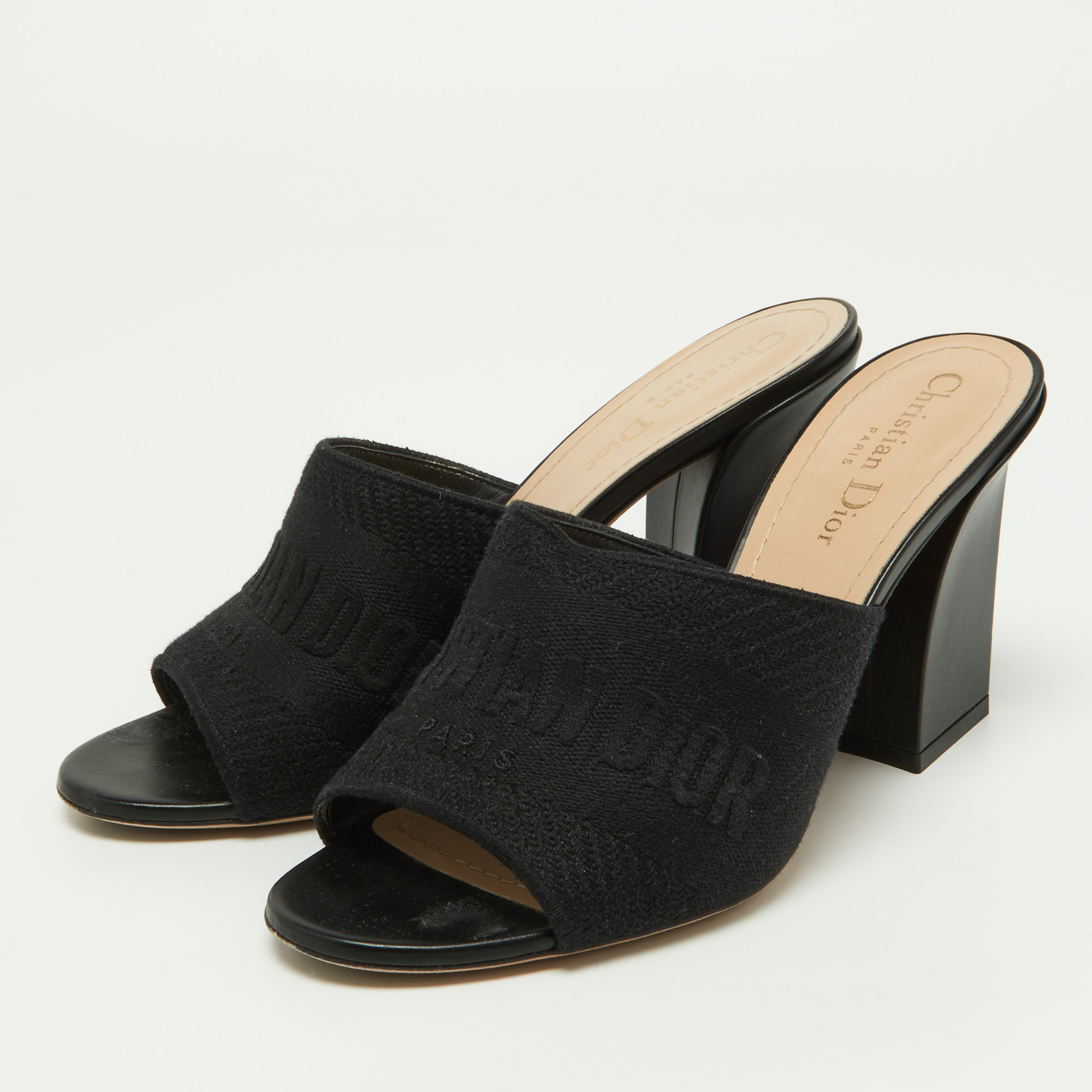 

Dior Black Canvas and Leather Dway Block Heel Slide Sandals Size