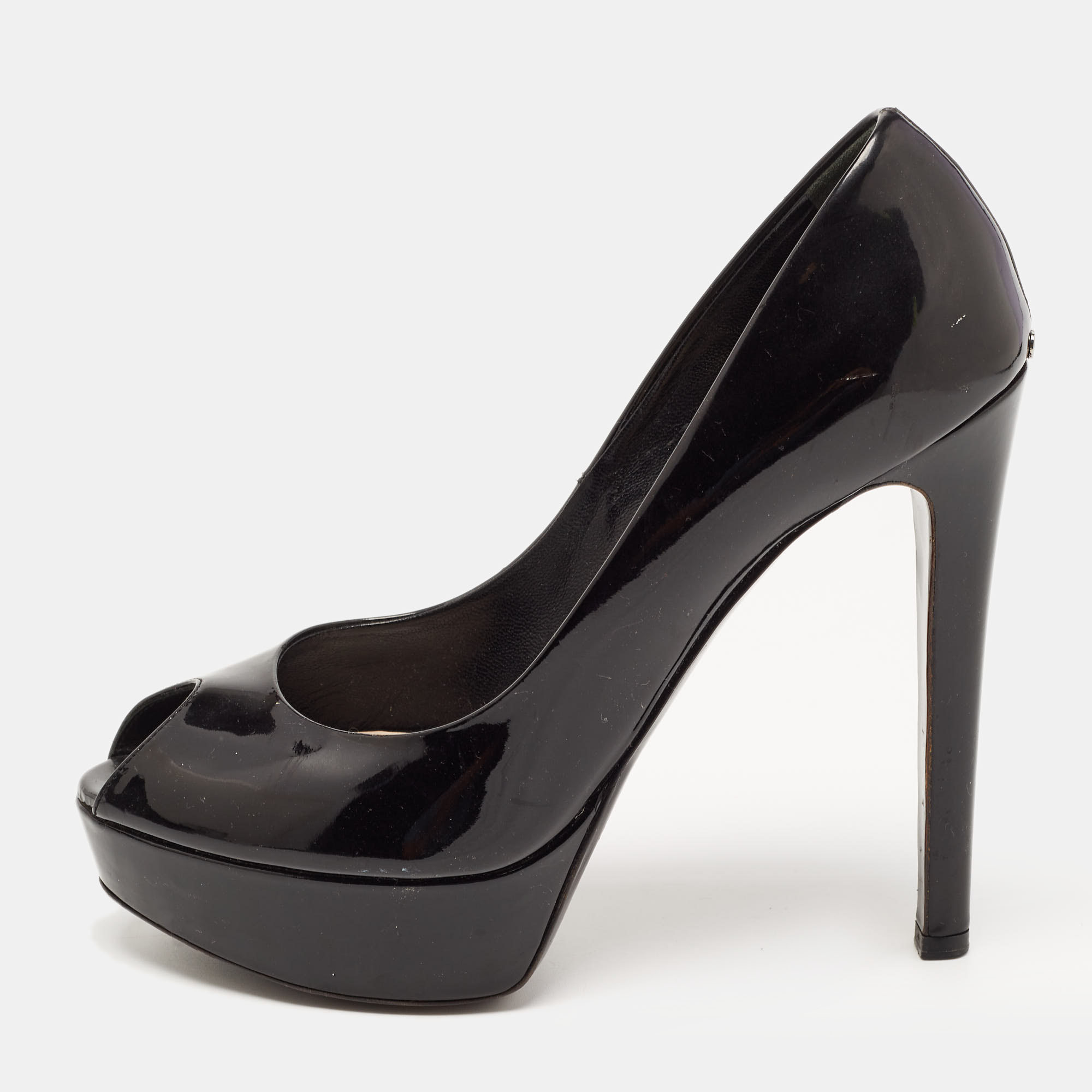 Pre-owned Dior Black Patent Leather Peep Toe Platform Pumps Size 38