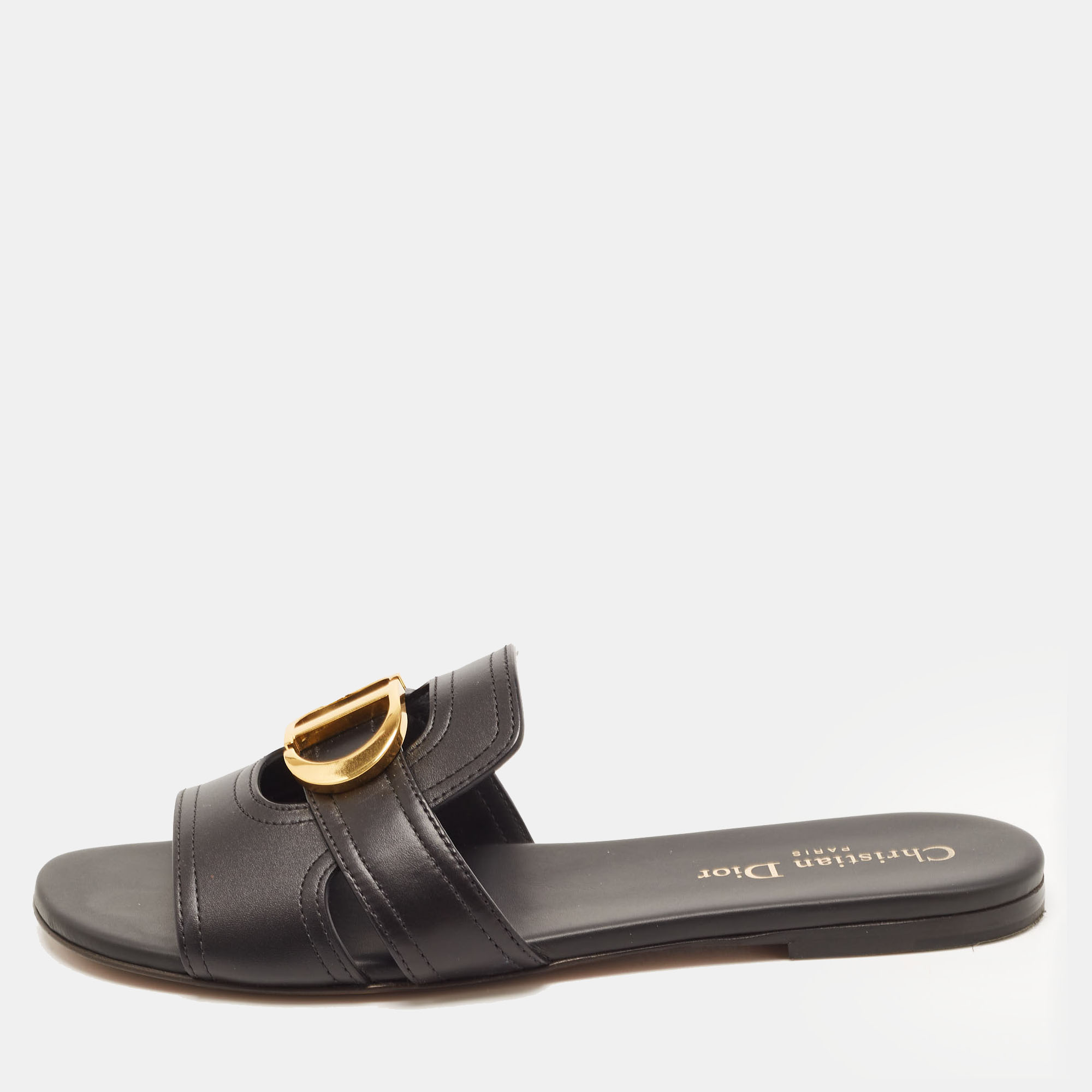 Dior Black Leather 30 Montaigne Flat Slides Size 38