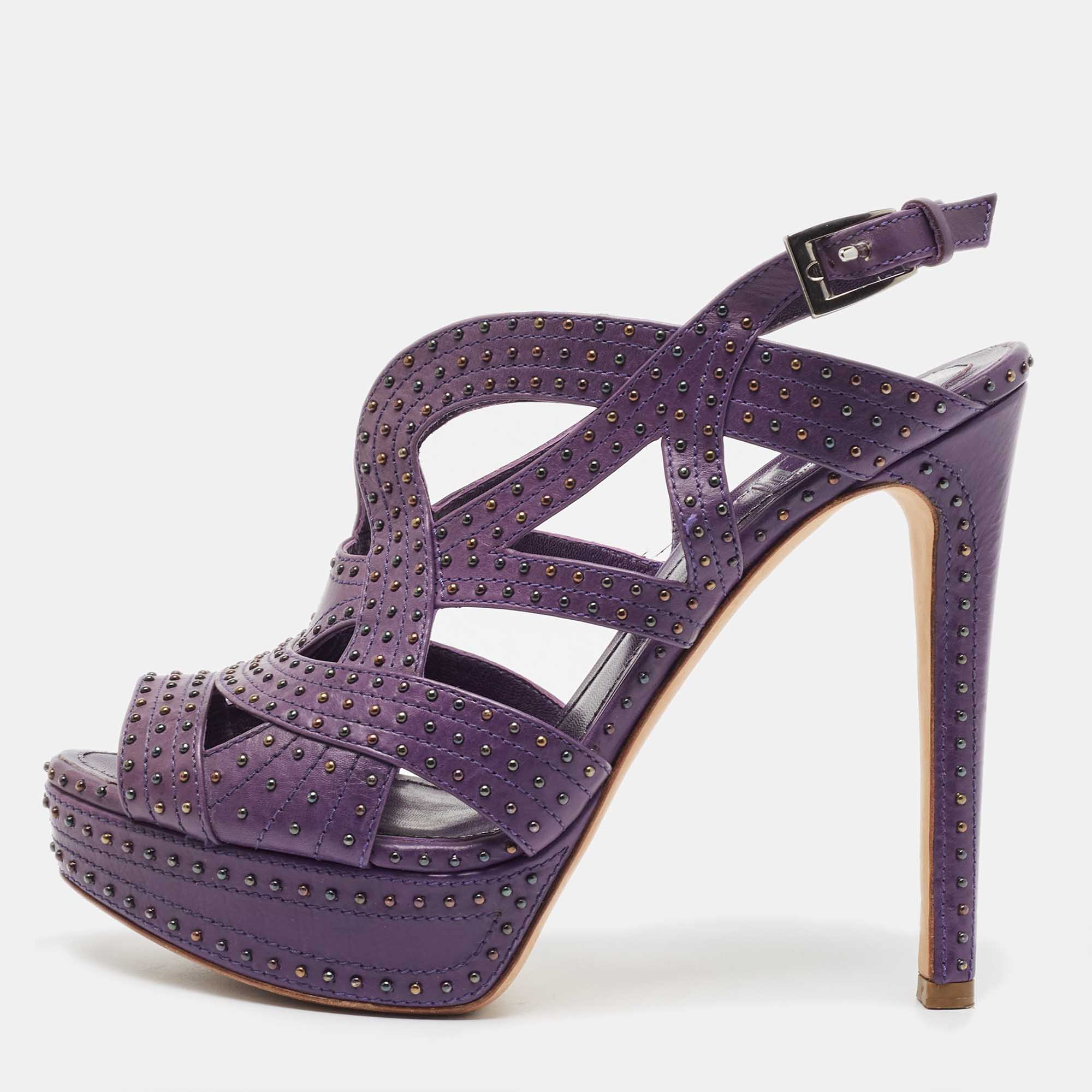 

Dior Purple Leather Studded Platform Ankle Strap Sandals Size