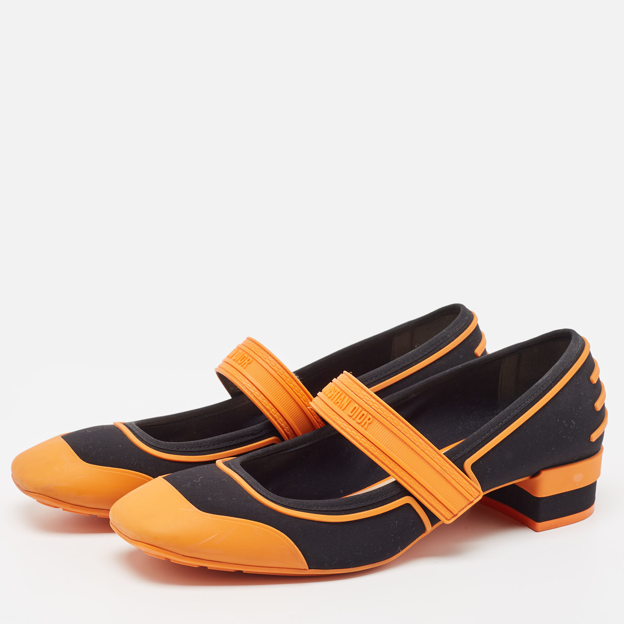 

Dior Orange/Black Rubber and Fabric Roller Mary Jane Pumps Size