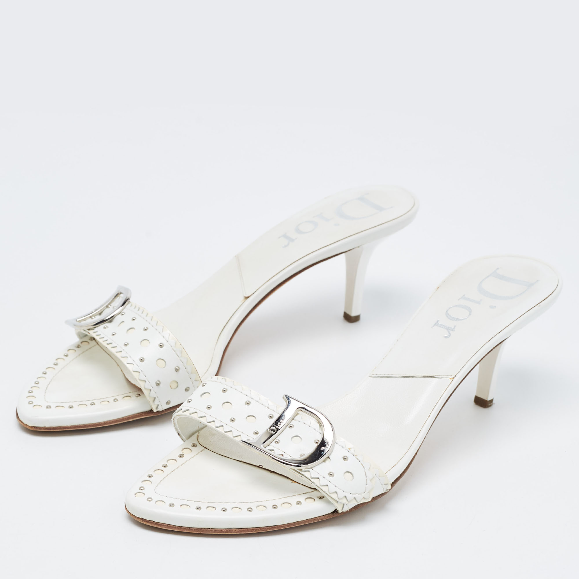 

Dior White Perforated Leather Logo Slide Sandals Size