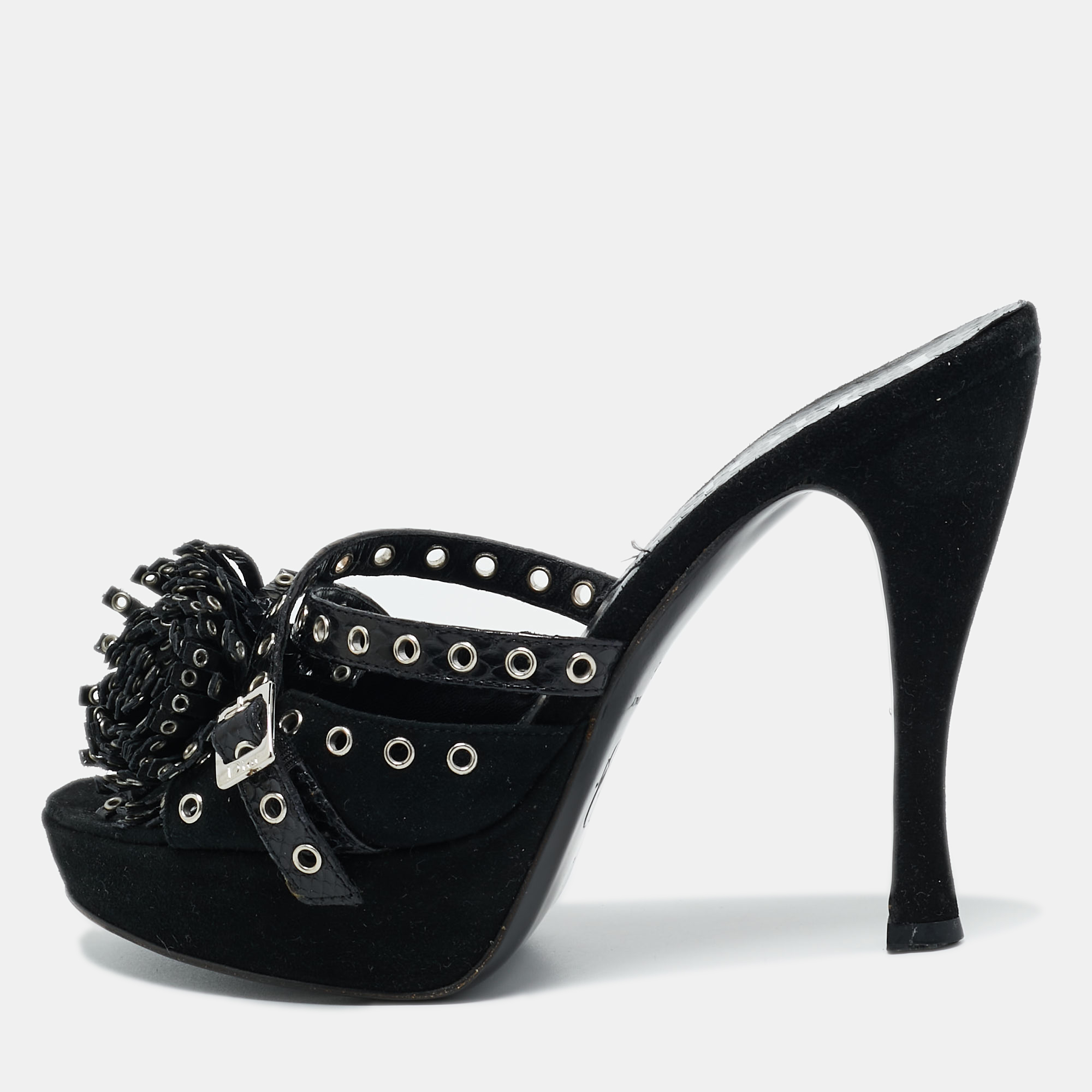 

Dior Black Suede And Python Embellished Platform Slide Sandals Size