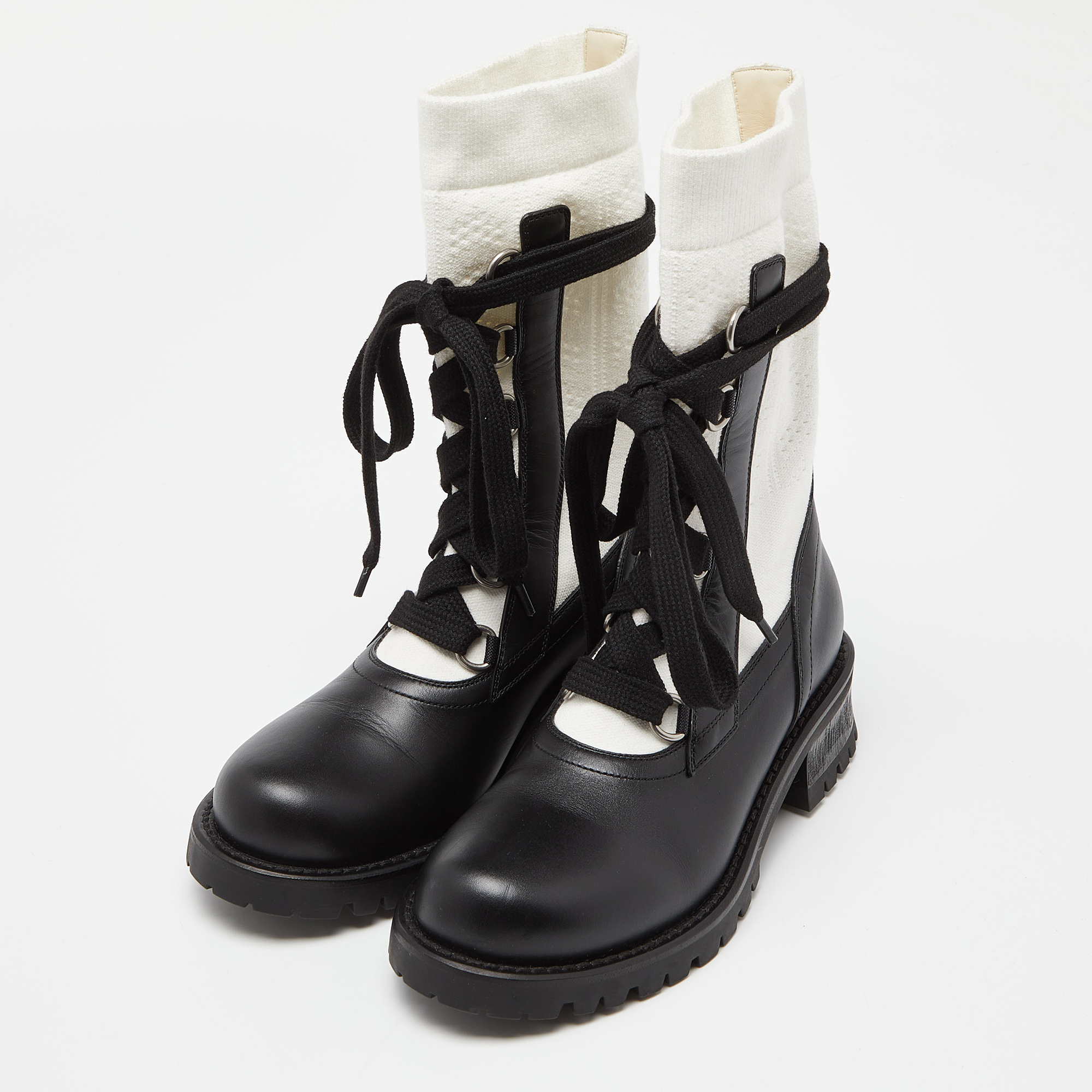 

Dior Black /White Leather and Knit Fabric Diorland Combat Boots Size