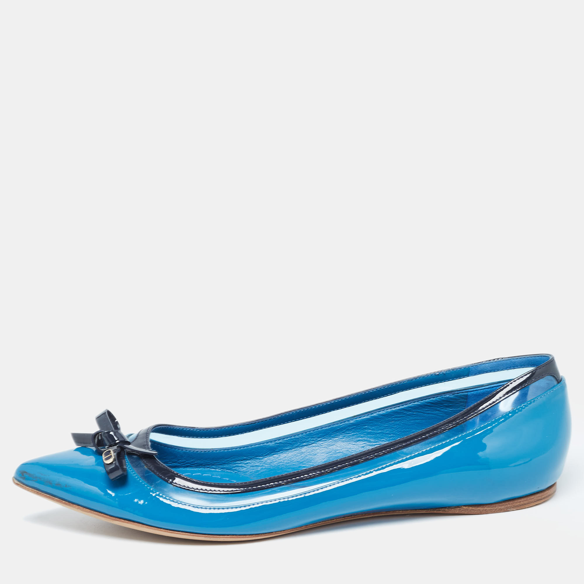 Pre-owned Dior Two Tone Patent Leather Bow Ballet Flats Size 40 In Blue