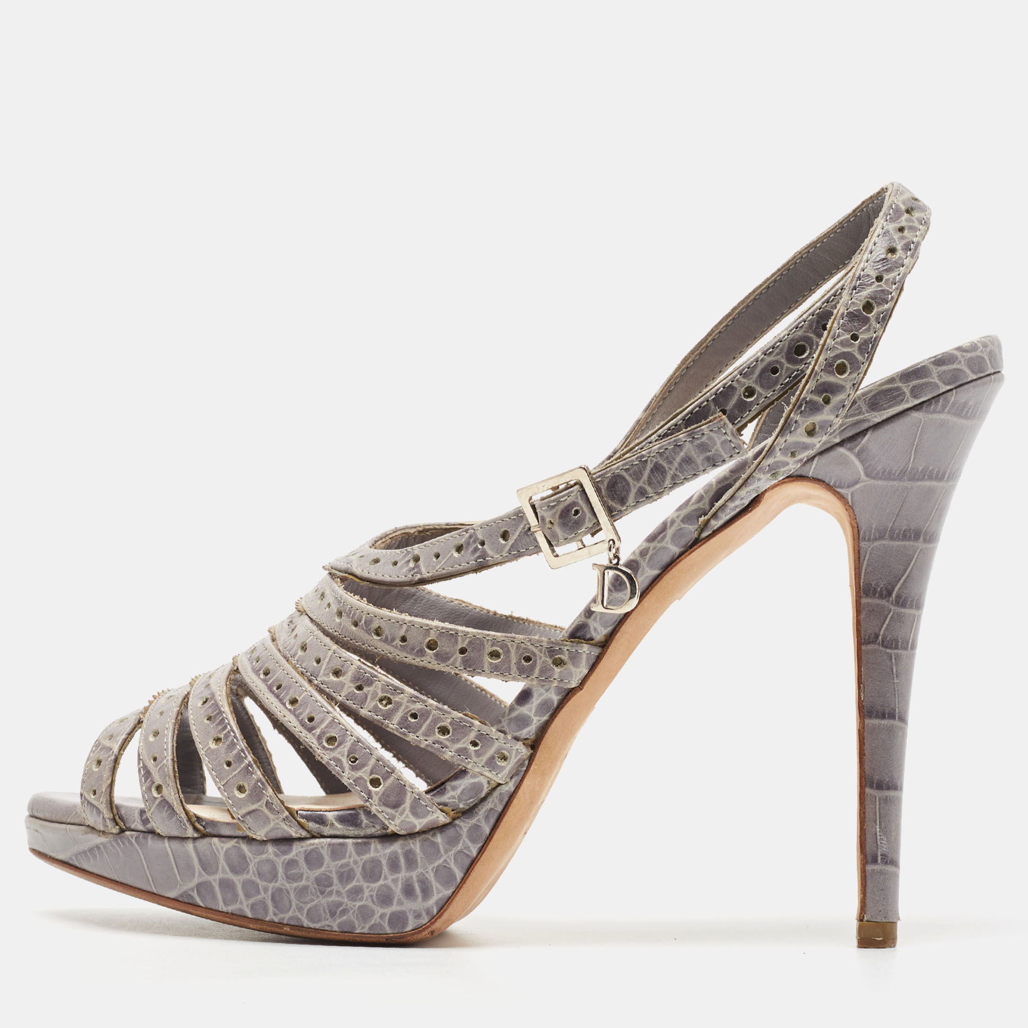 

Dior Grey Embossed Croc Strappy Platform Sandals Size