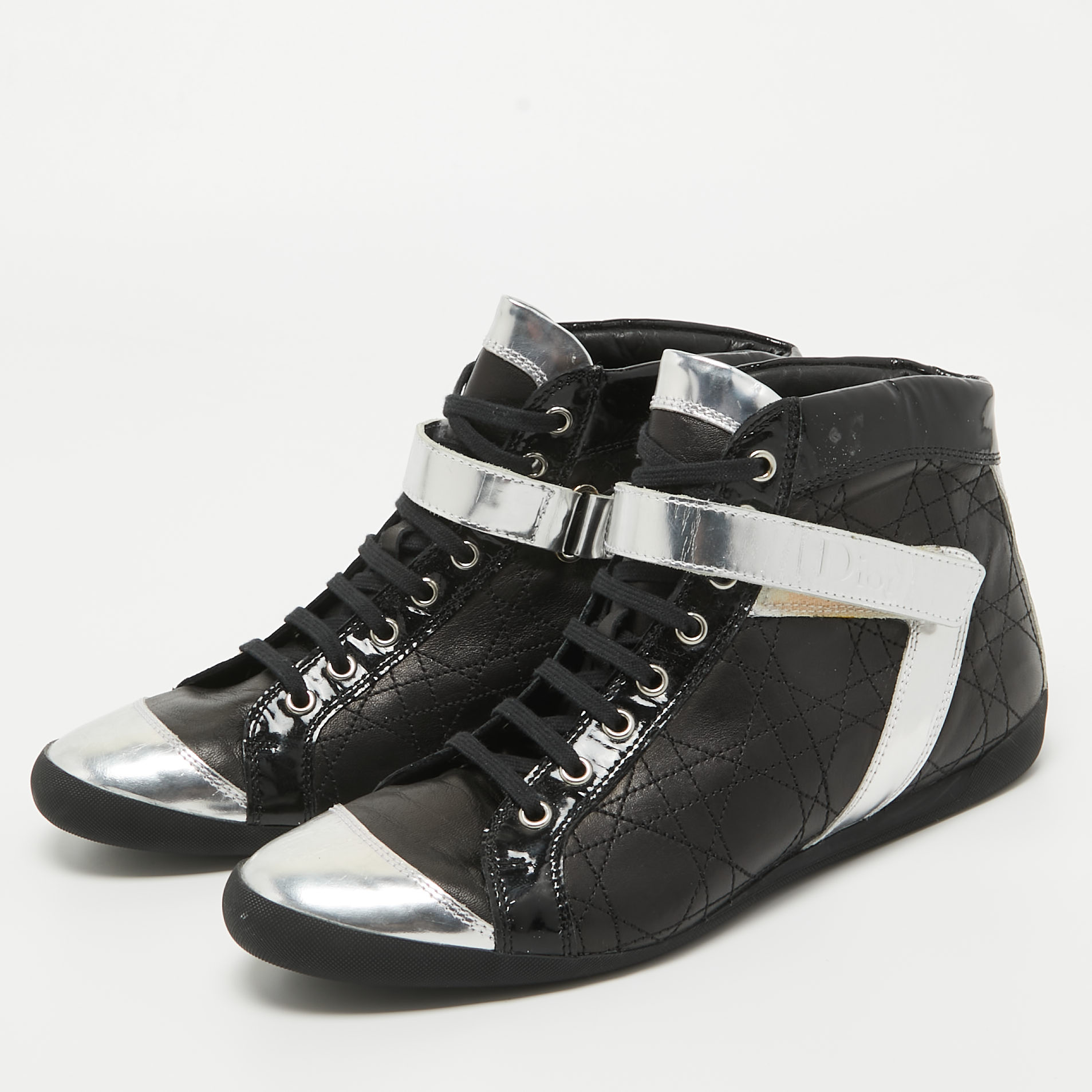 

Dior Black/Silver Quilted Cannage Leather and Patent High Top Sneakers Size