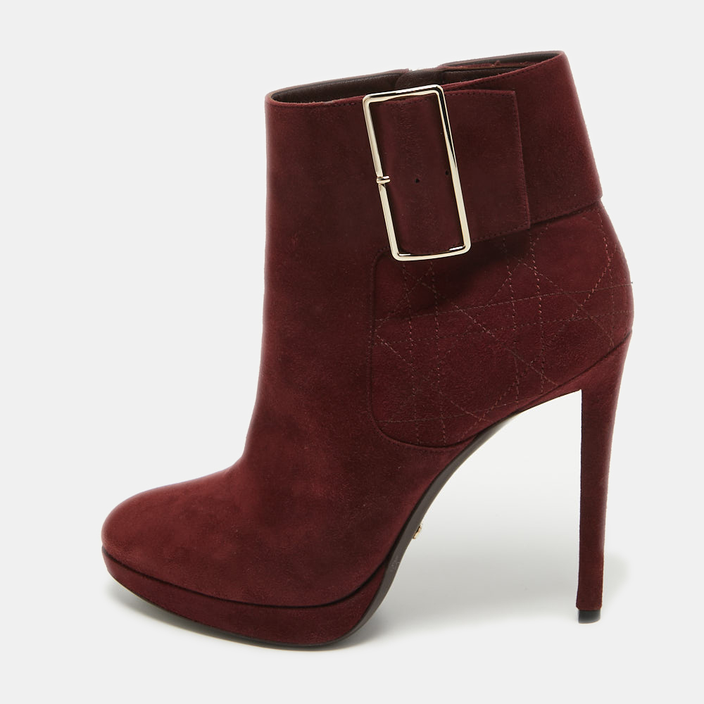 Pre-owned Dior Burgundy Suede Buckle Detail Platform Ankle Booties Size 40