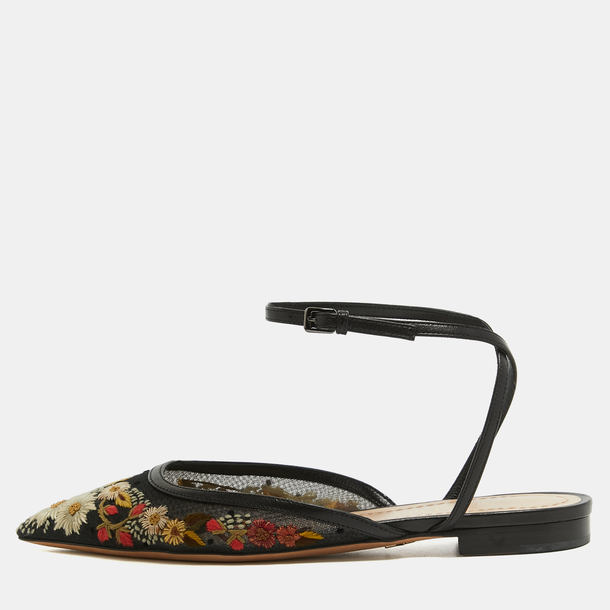 

Dior Black Floral Embroidered Mesh and Leather Ankle Strap Flats Size