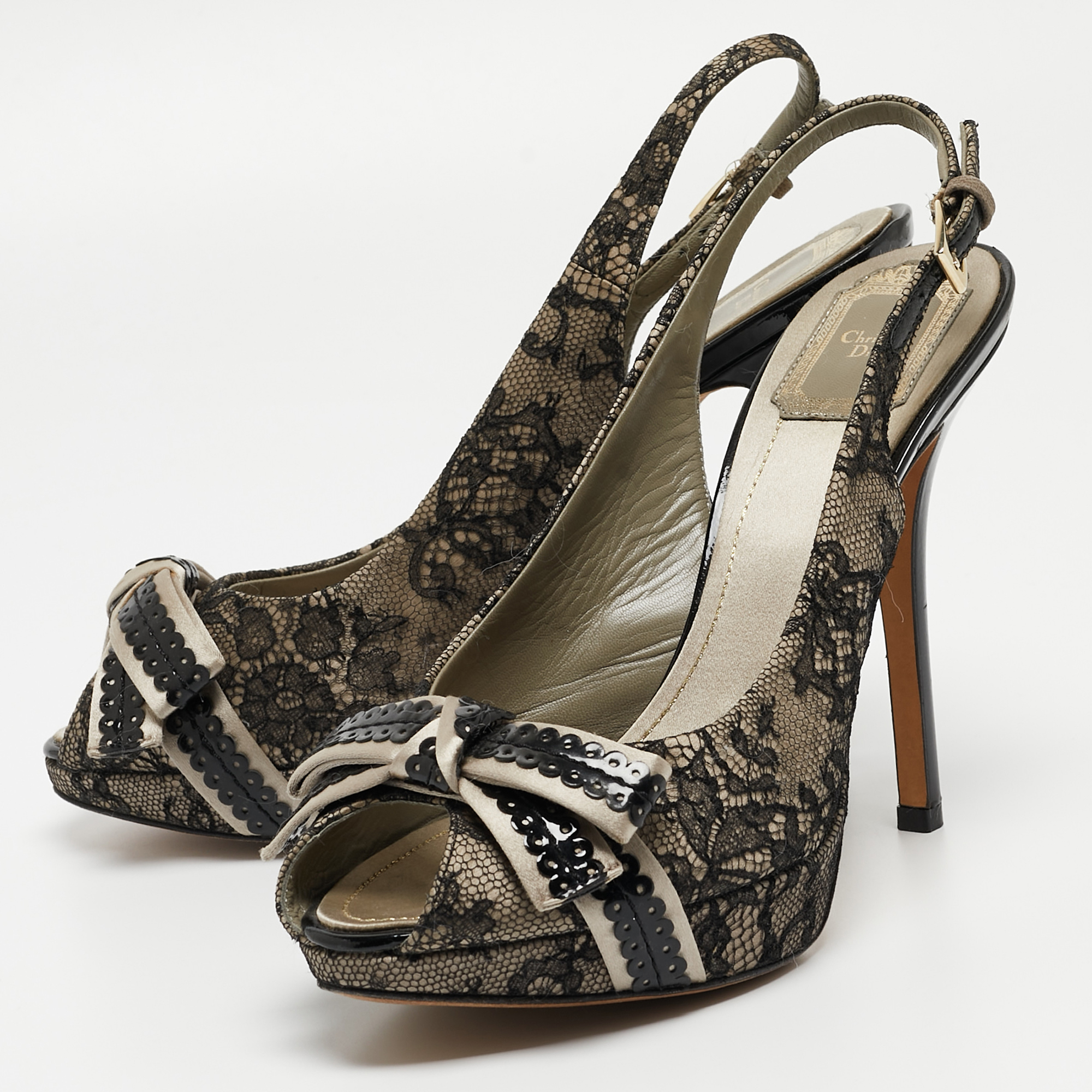 

Dior Grey/Black Lace and Satin Slingback Pumps Size