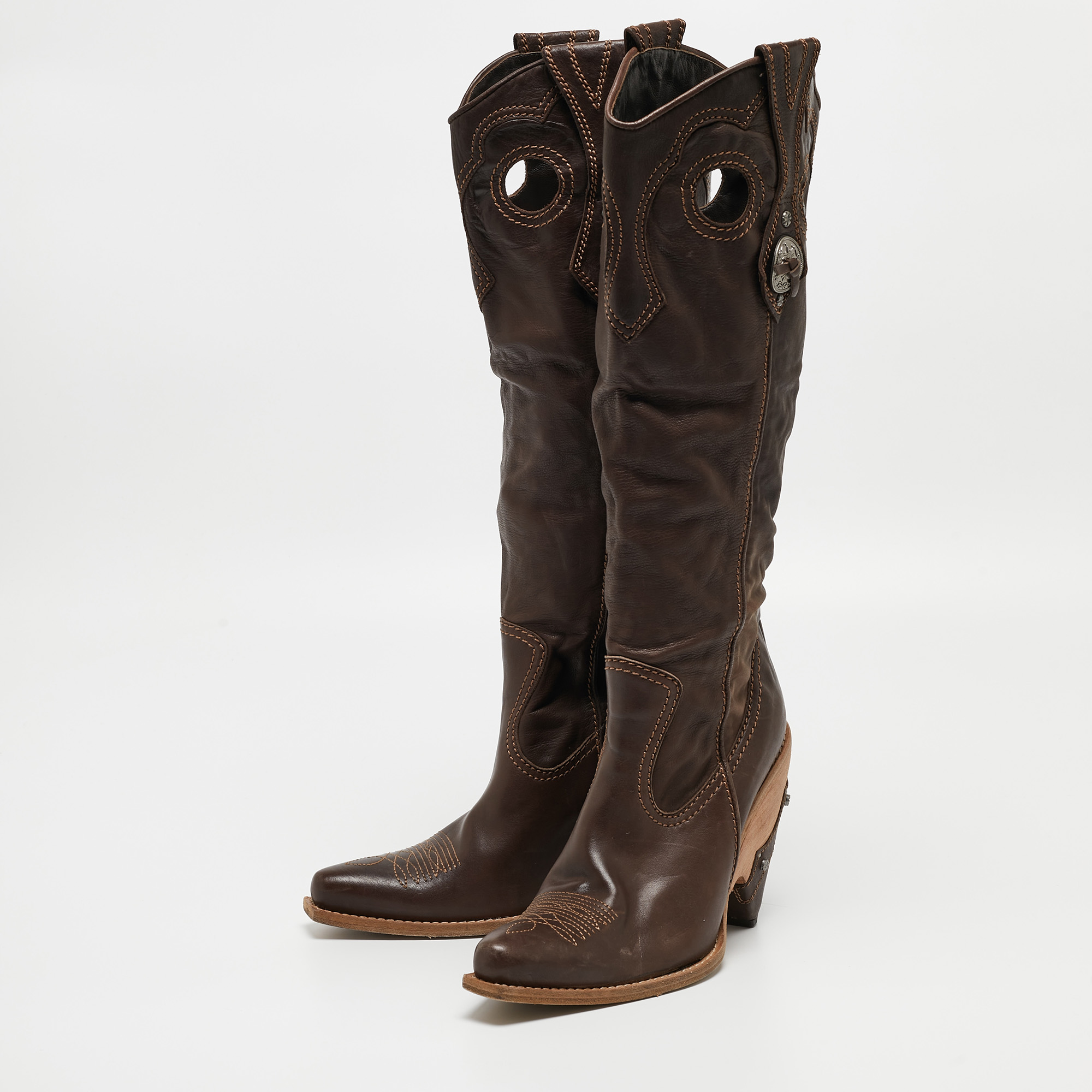 

Dior Brown Leather Knee Length Cowboy Boots Size