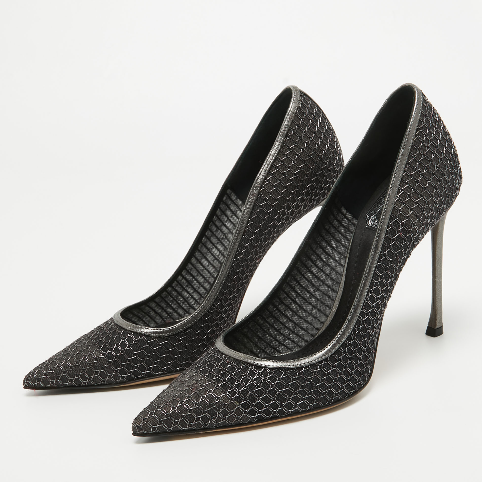 

Dior Metallic Grey/Black Leather Trim And Mesh Pointed Toe Pumps Size