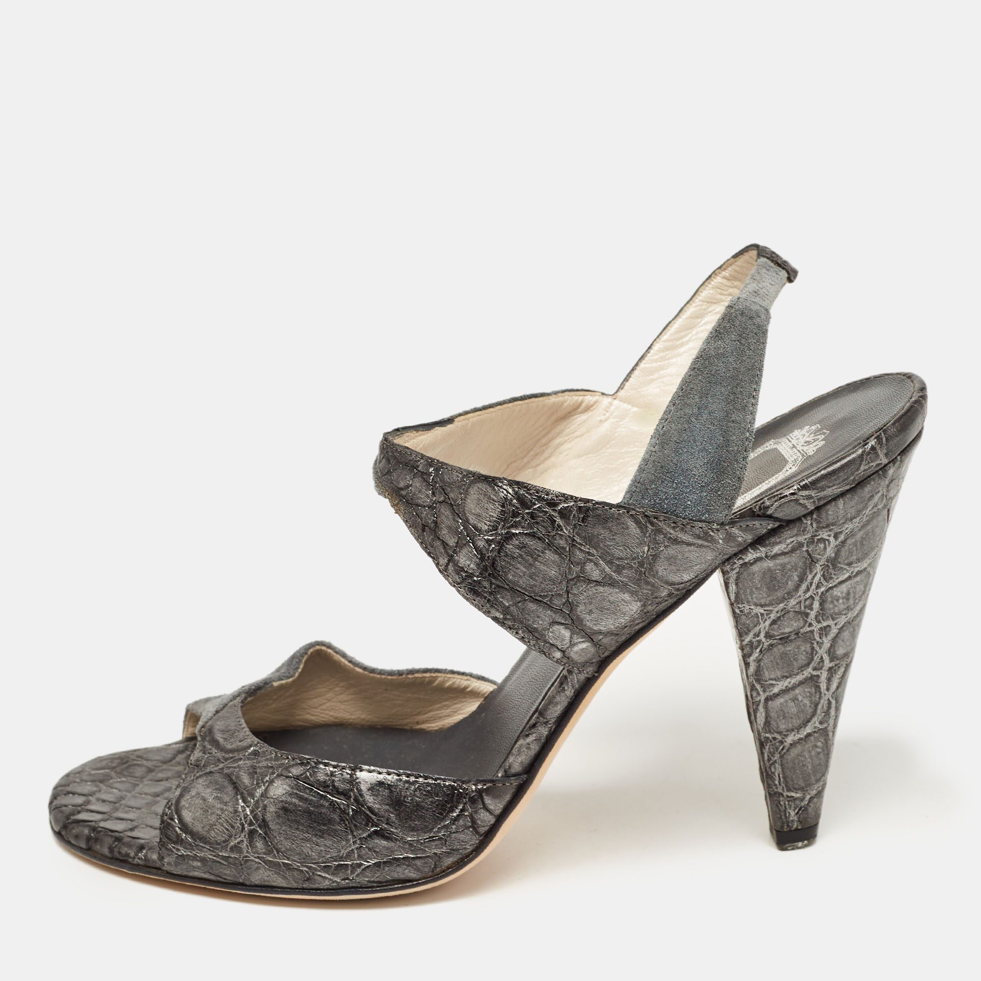 

Dior Grey/Silver Croc Embossed and Suede Slingback Sandals Size