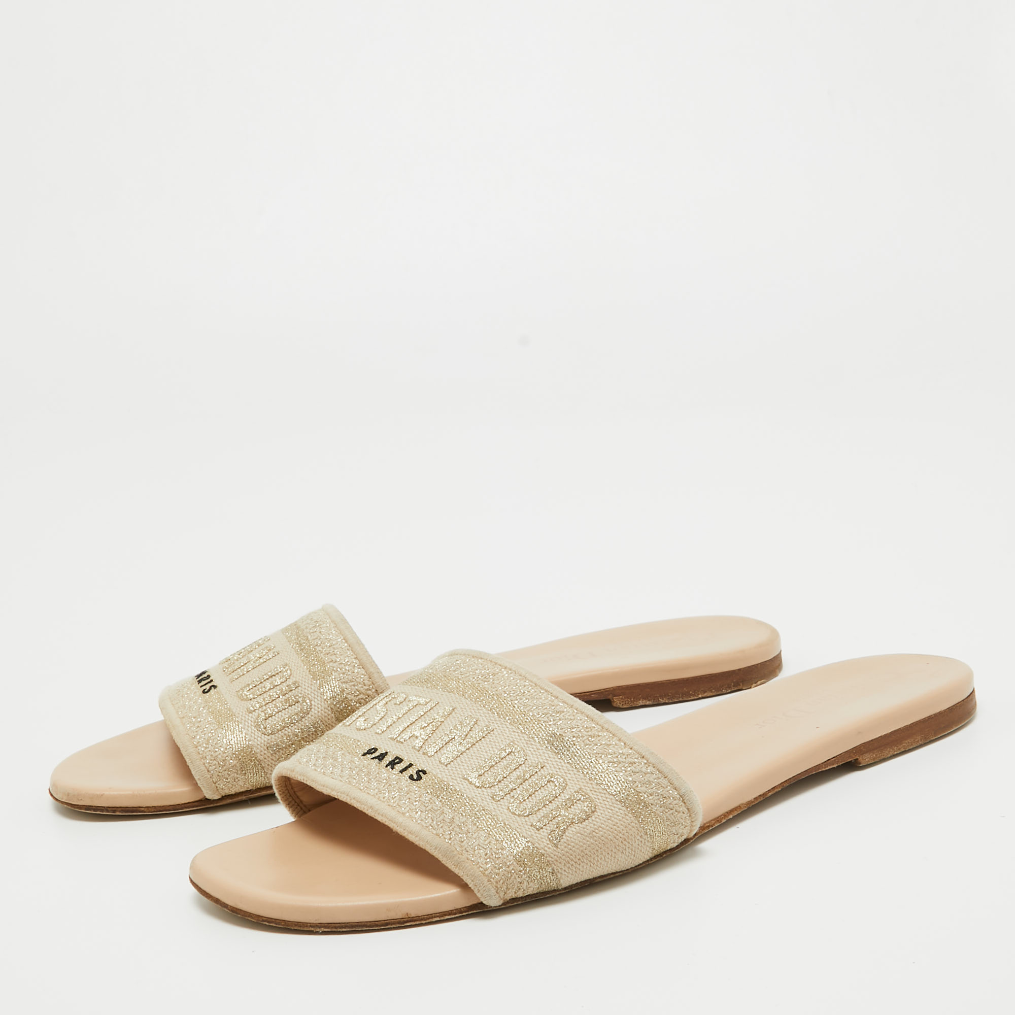 

Dior Two Tone Logo Embroidered Canvas Dway Flat Slides Size, Gold