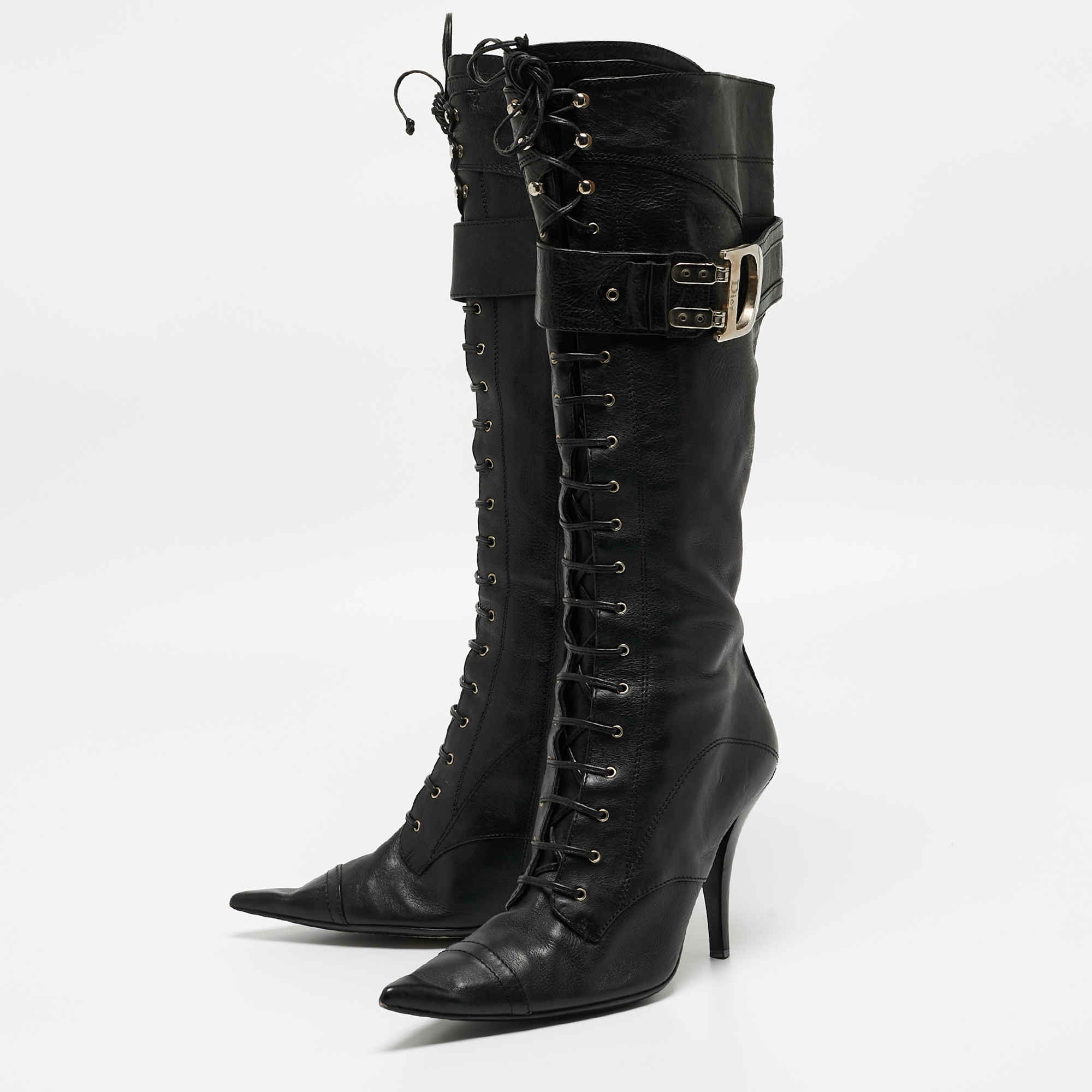 

Dior Black Leather Lace Up Knee Length Boots Size