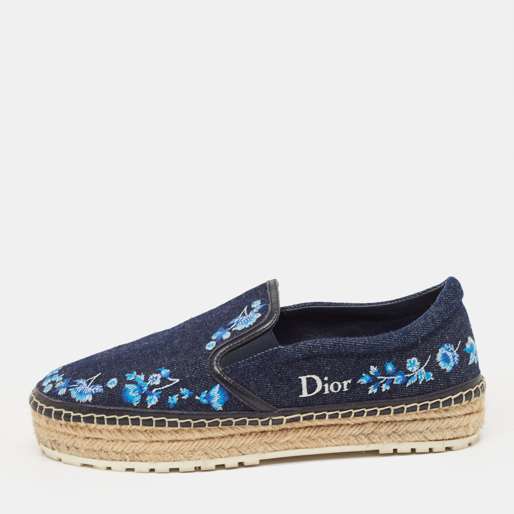 Pre-owned Dior Blue Denim Floral Embroidered Espadrille Flats Size 38 In Navy Blue