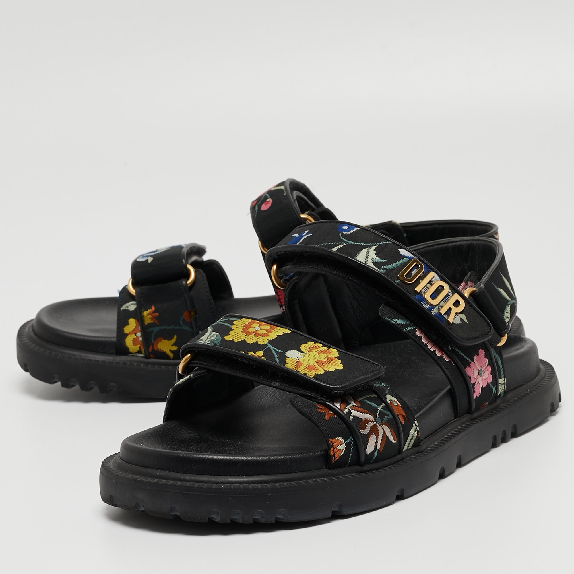 

Dior Black Floral Print Fabric DiorAct Sandals Size