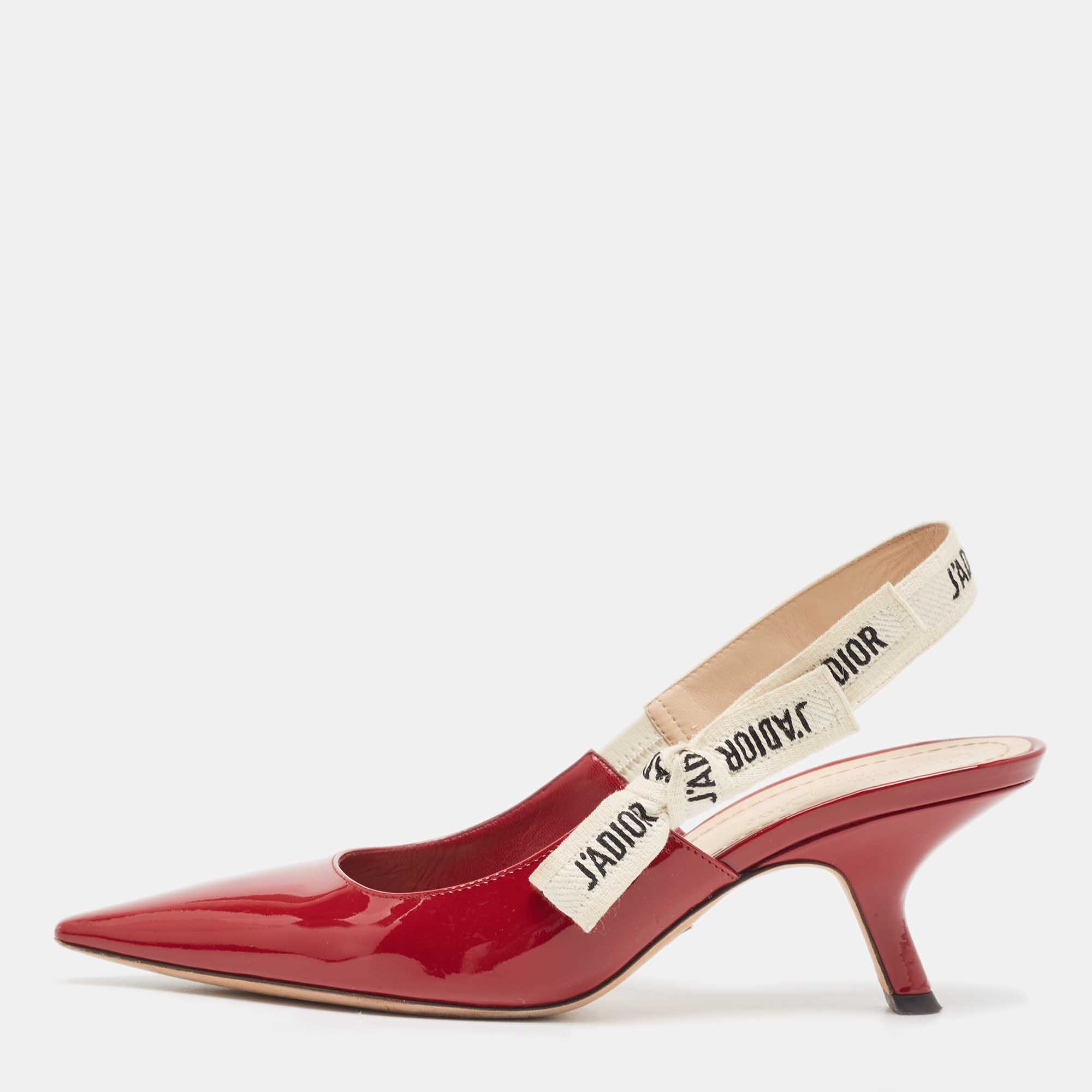 Dior Burgundy Patent Leather J'adior Slingback Pumps Size 38.5
