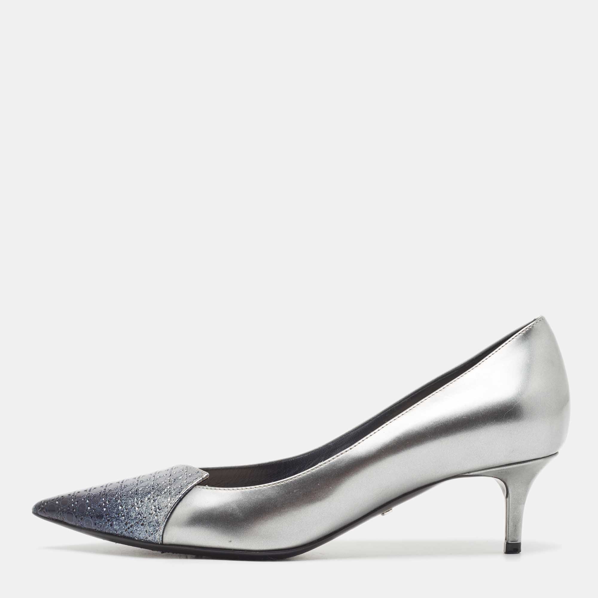 Pre-owned Dior Grey Patent Cannage Pointed Toe Pumps Size 37 In Silver