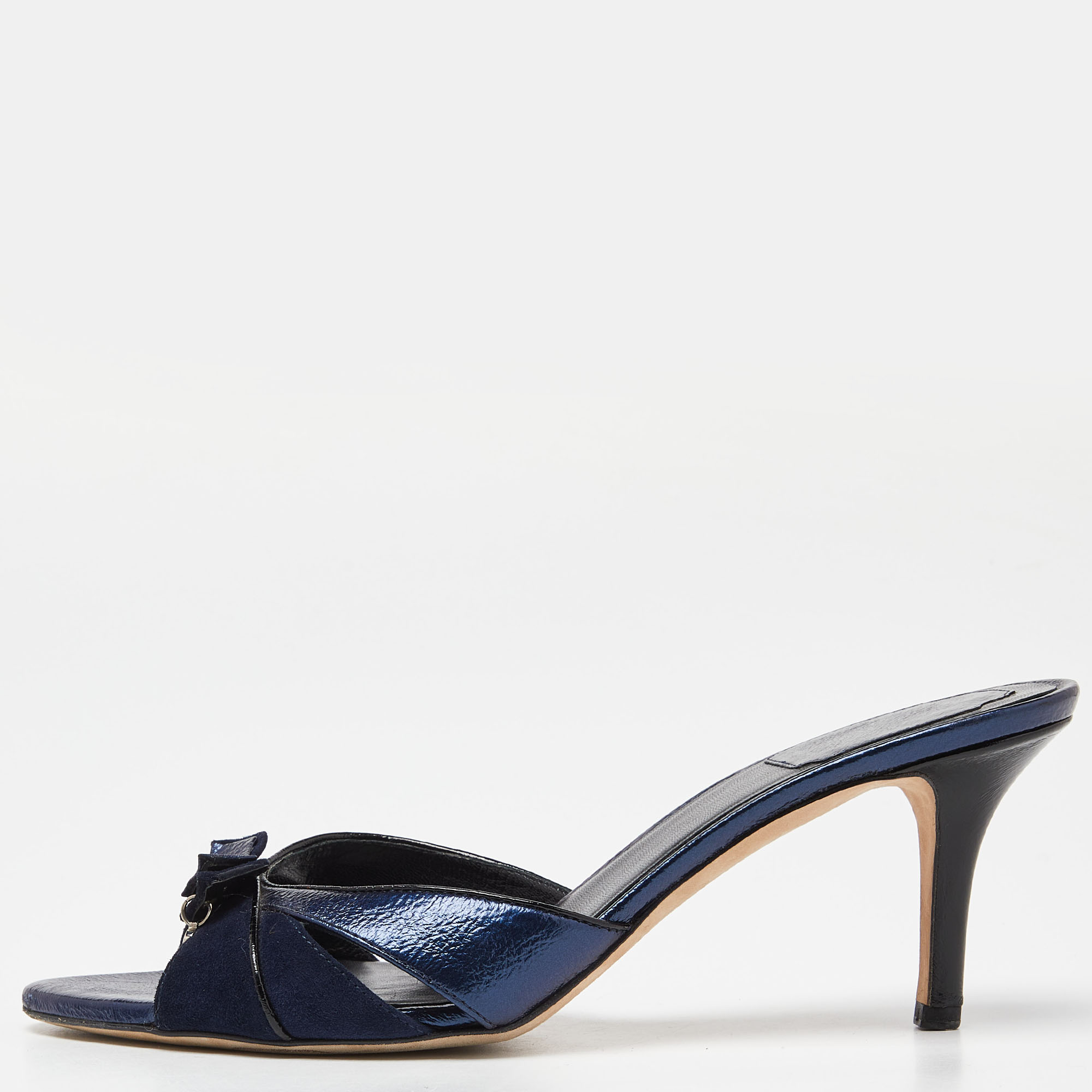 Pre Owned Dior Two Tone Blue Leather and Suede Bow Slide Sandals Size 39