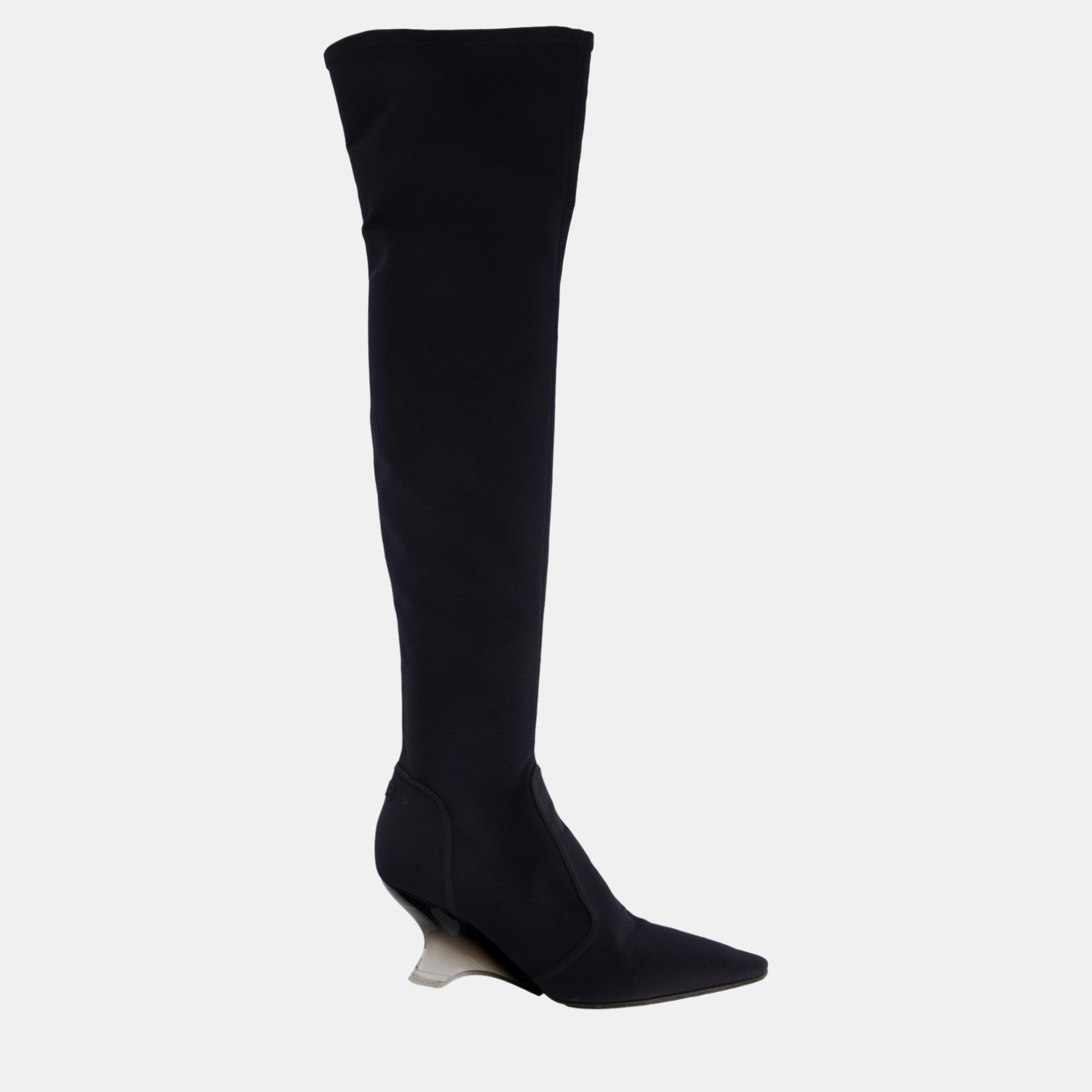 

Christian Dior Navy Over-the-Knee Canvas Boots with PVC Heel Detail Size EU, Navy blue