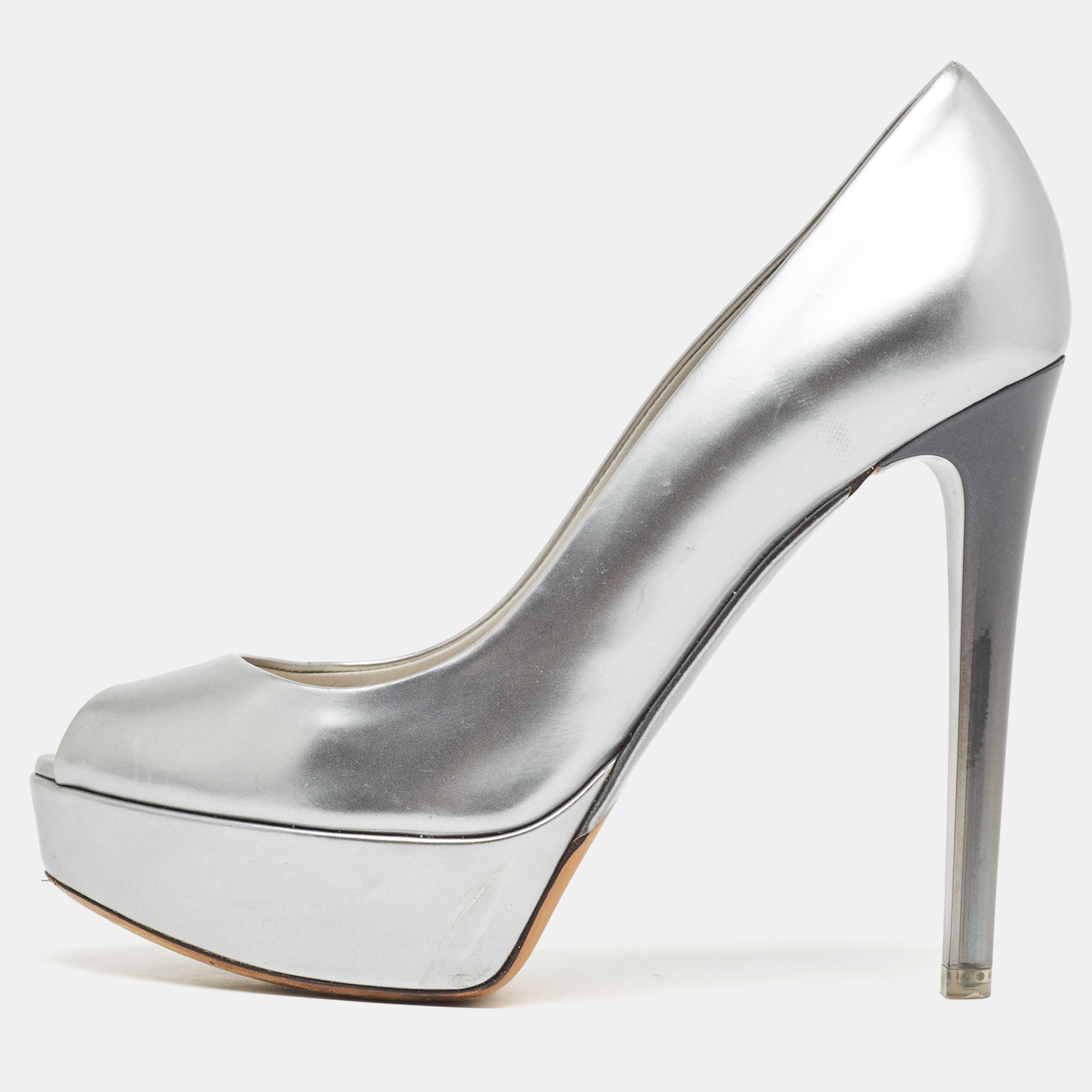 Pre-owned Dior Silver Leather Peep Toe Platform Pumps Size 37.5