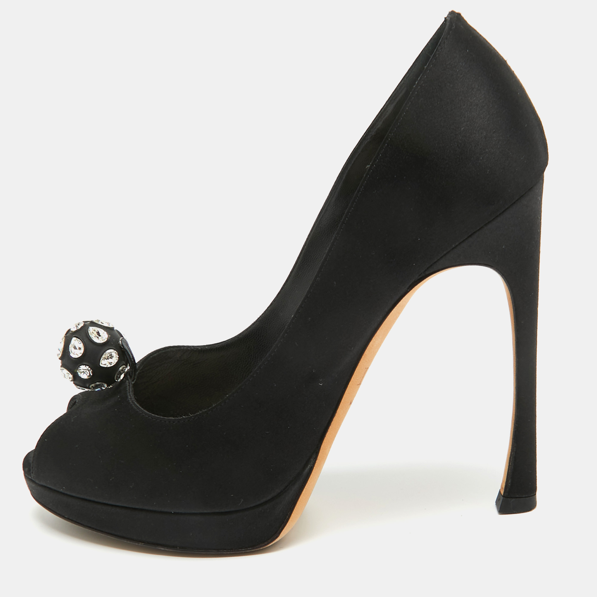 Pre-owned Dior Black Satin Crystal Embellished Peep Toe Pumps Size 37.5