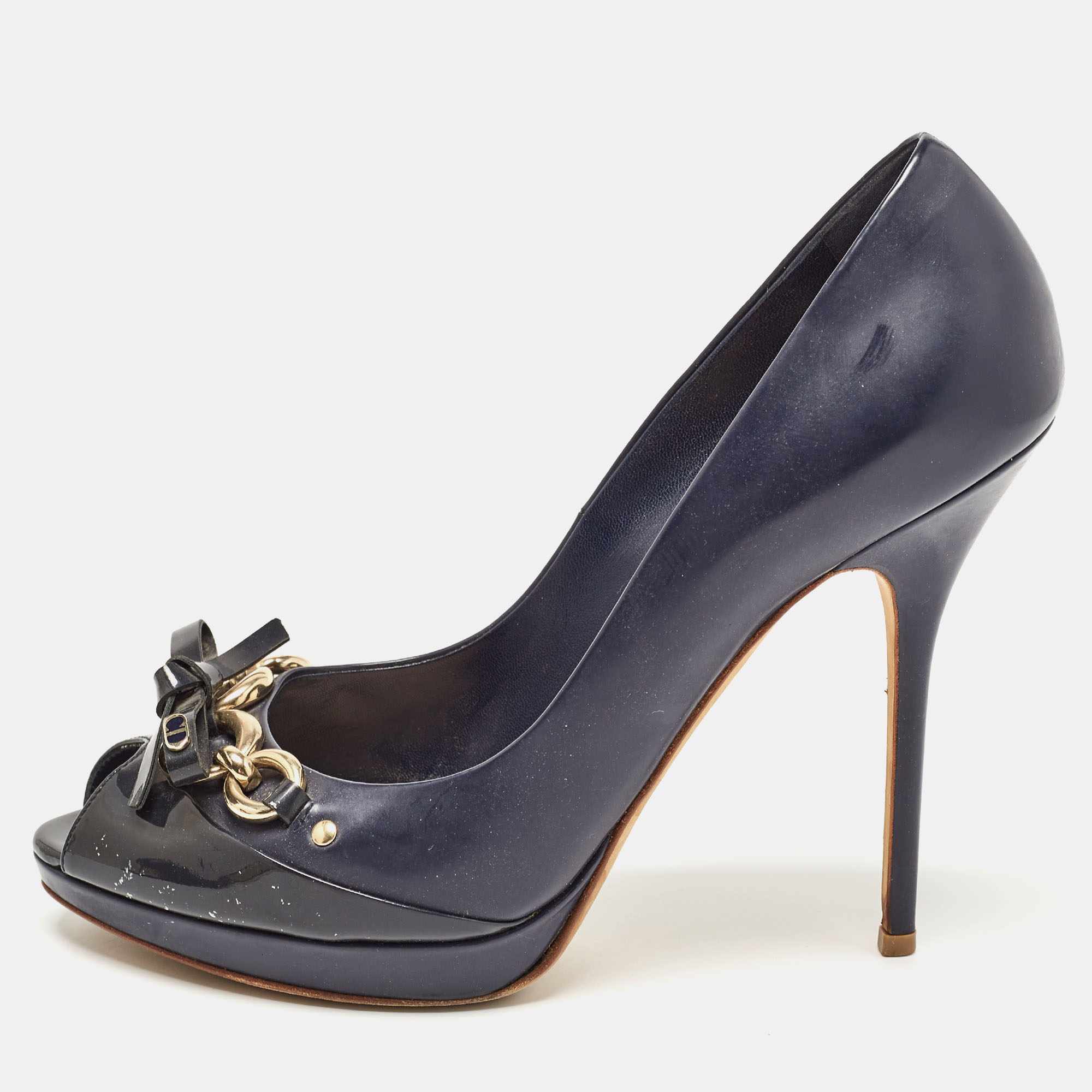 

Dior Navy Blue Patent Leather Bow Chain Detail Peep Toe Pumps Size
