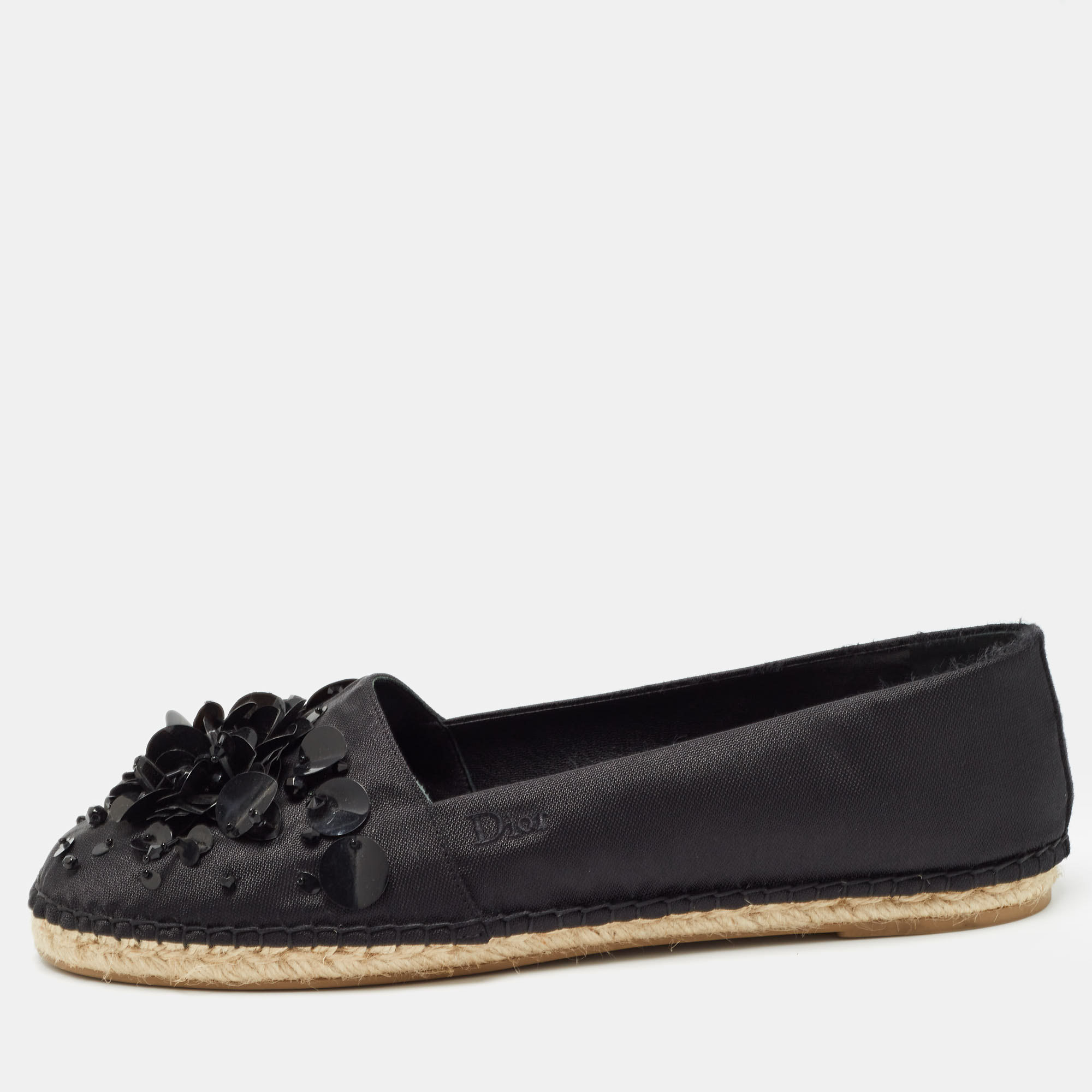 

Dior Black Canvas Crystal Embellished Slip On Espadrille Flats Size