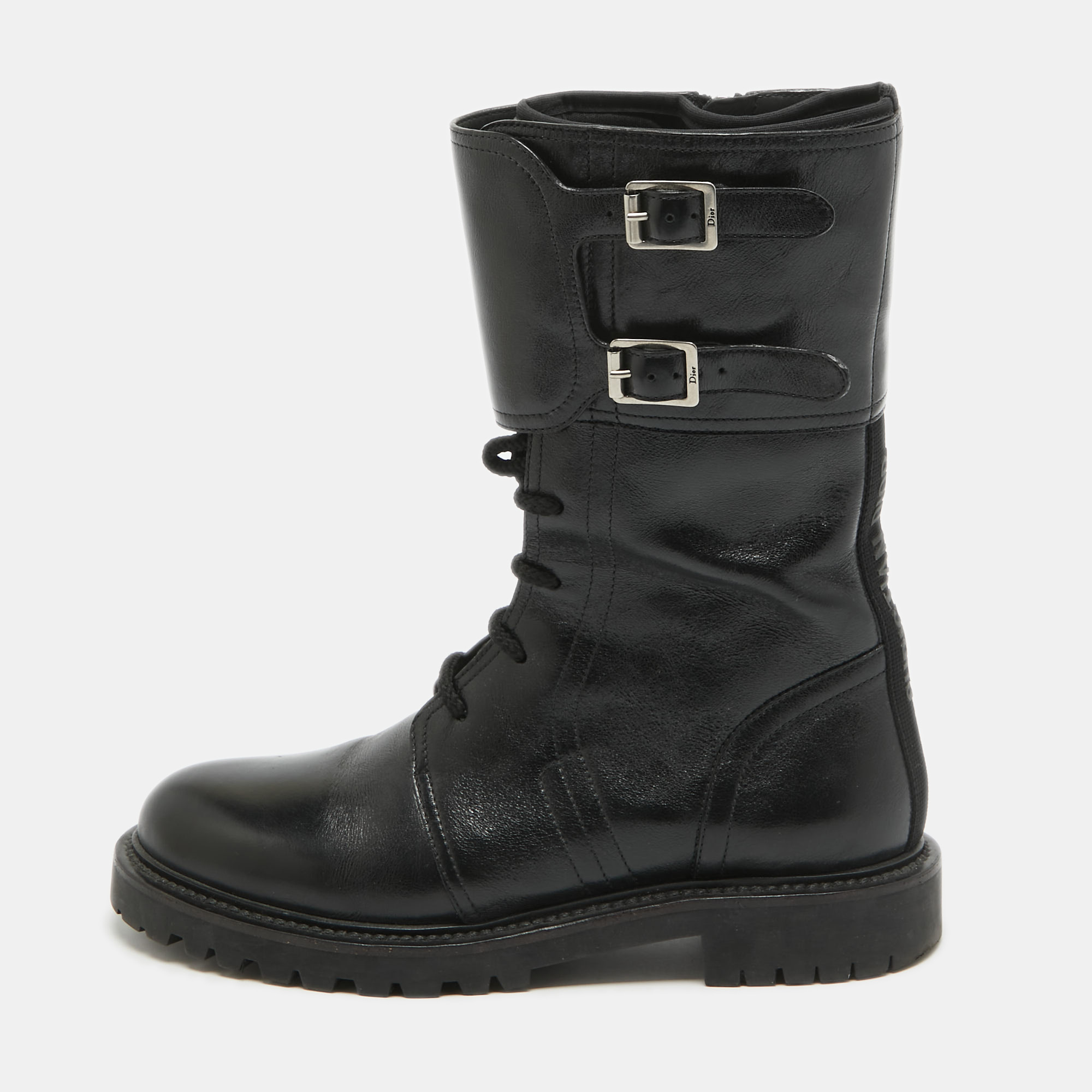 مملوكة مسبقًا Dior Black Leather Buckle Detail Combat Boots Size 38