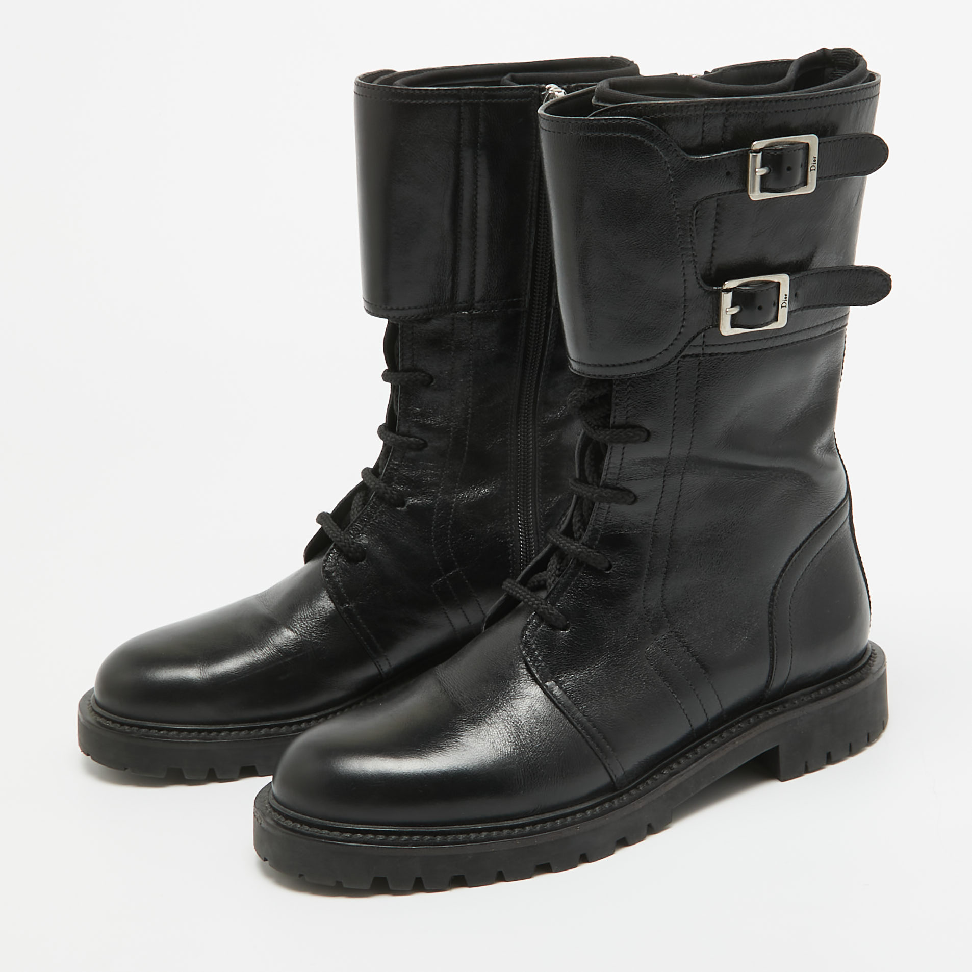 

Dior Black Leather Buckle Detail Combat Boots Size