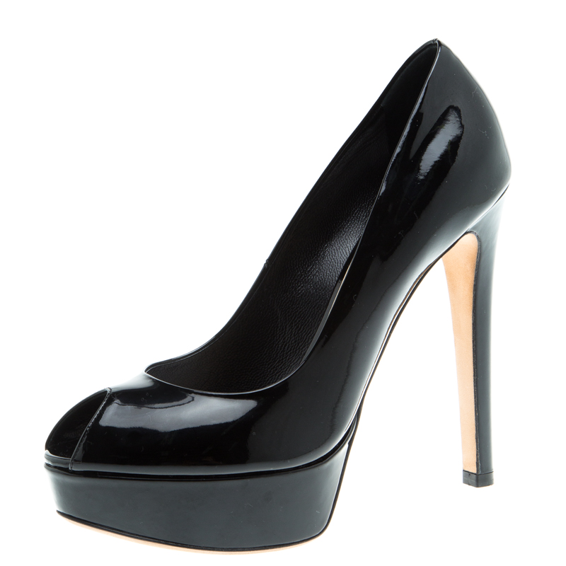 Dior Black Patent Leather Miss Dior Peep Toe Platform Pumps Size 37 ...