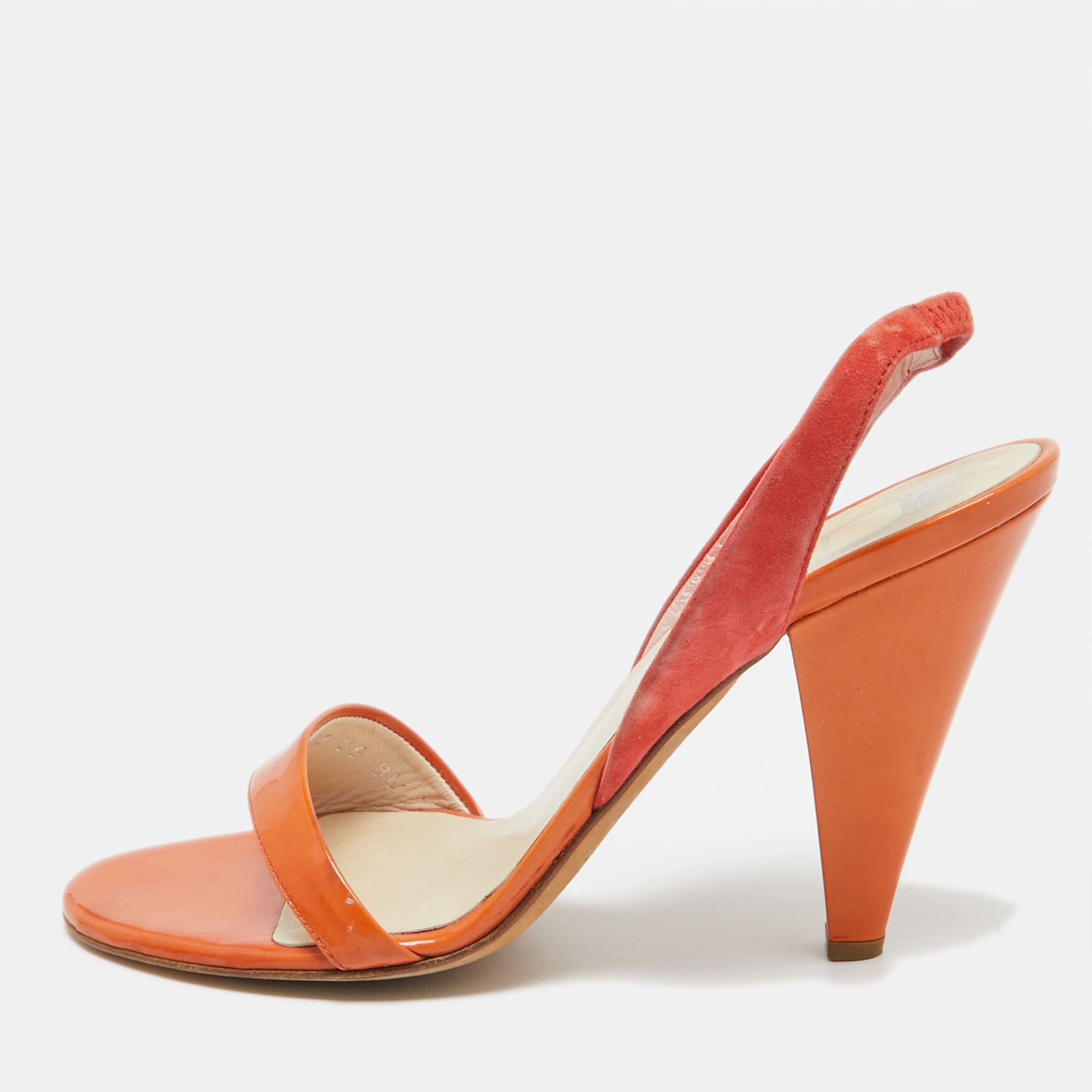 Pre-owned Dior Orange Suede And Patent Slingback Sandals Size 37
