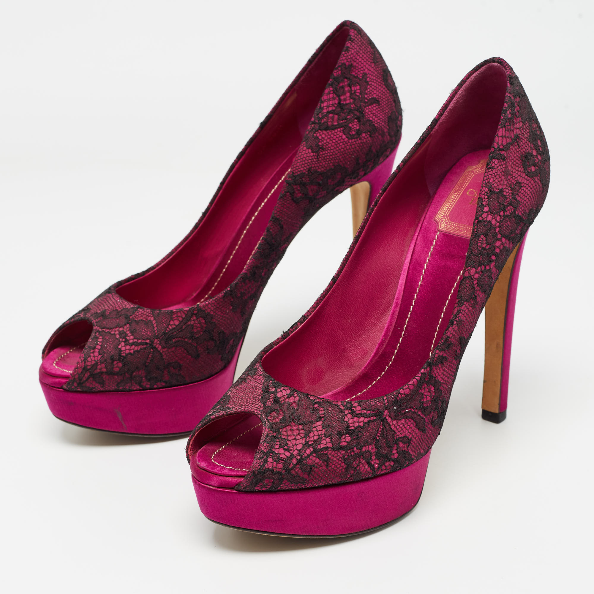 Dior Purple/Black Satin and Lace Peep Toe Platform Pumps Size 39 