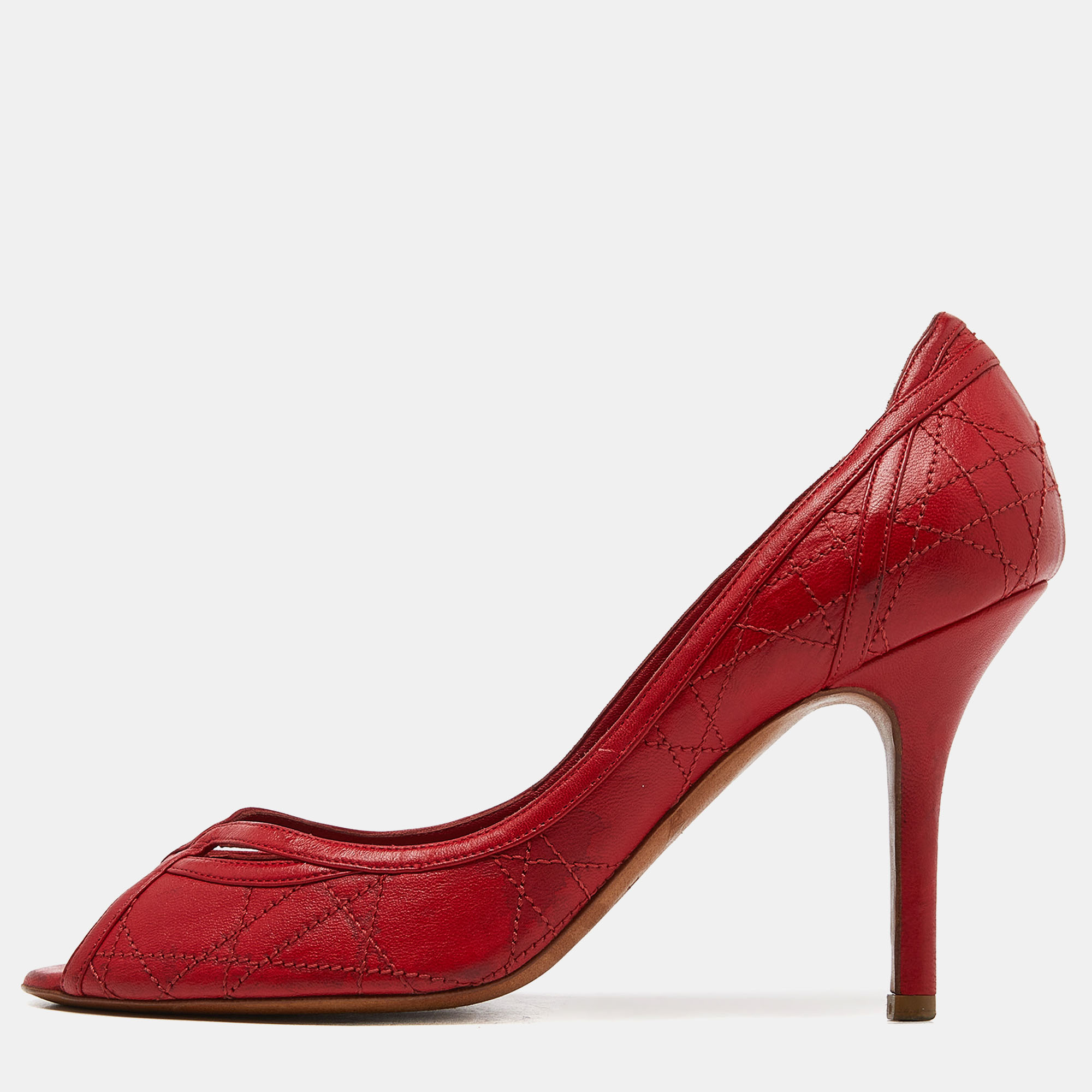 Pre-owned Dior Red Cannage Leather Peep Toe Pumps Size 38.5