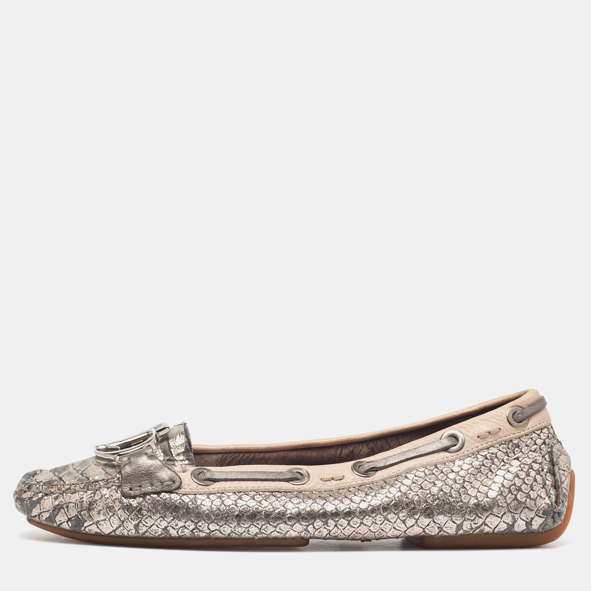 Pre-owned Dior Silver/beige Python Embossed And Leather Loafers Size 38