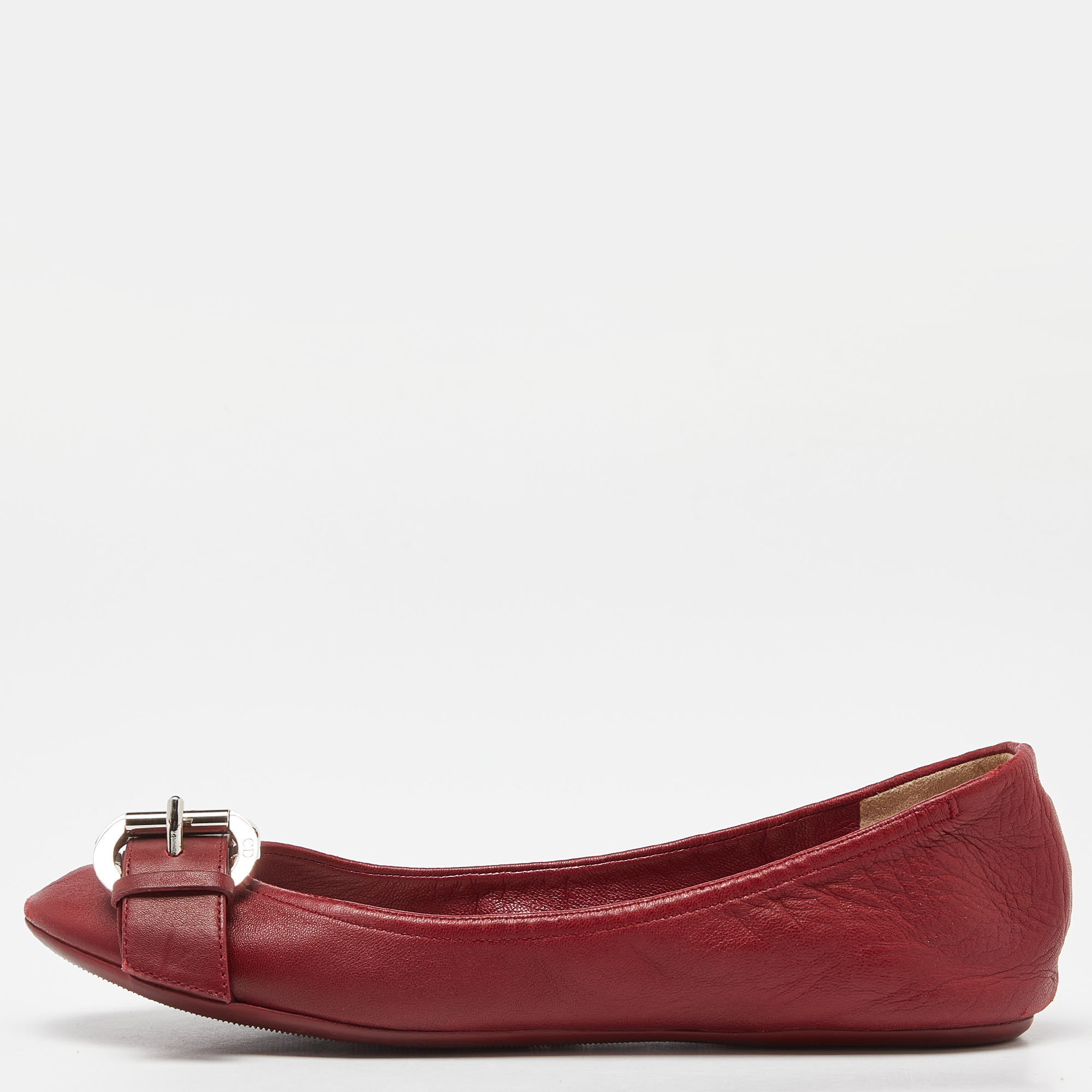 Pre-owned Dior Red Leather Buckle Ballet Flats Size 37