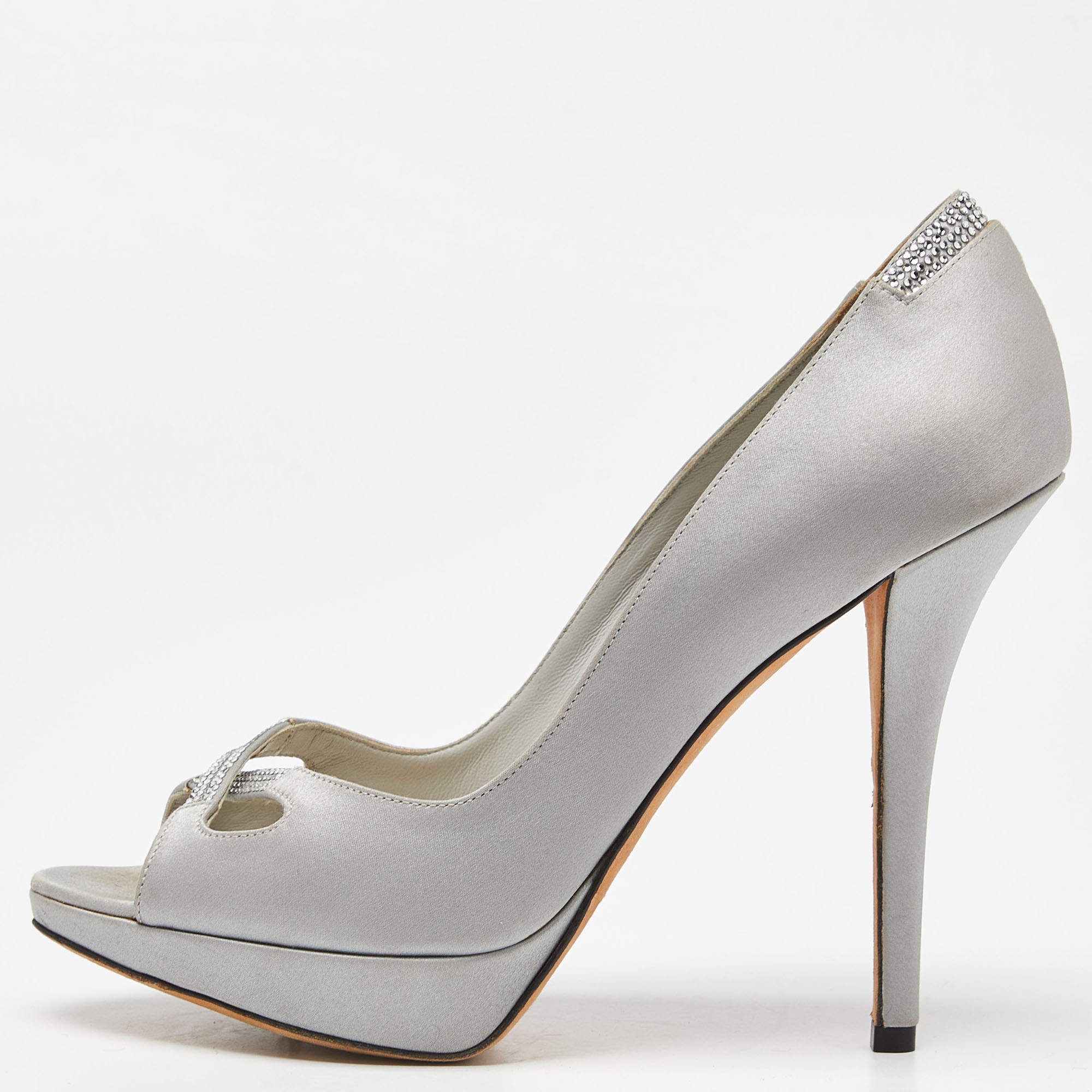Pre-owned Dior Grey Satin Peep Toe Platform Pumps Size 38.5