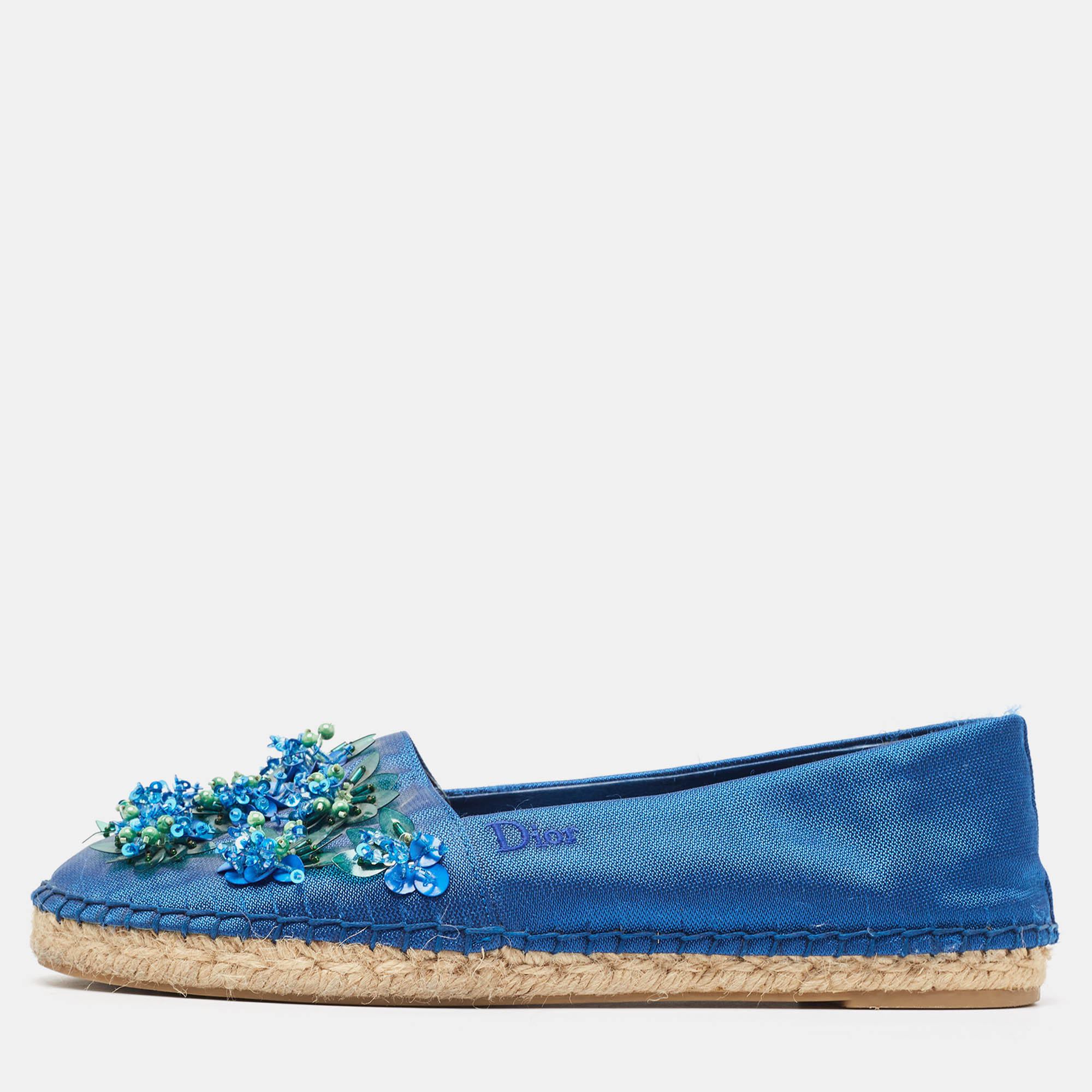 Pre-owned Dior Blue Canvas Crystal Embellished Fusion Espadrille Flats Size 36
