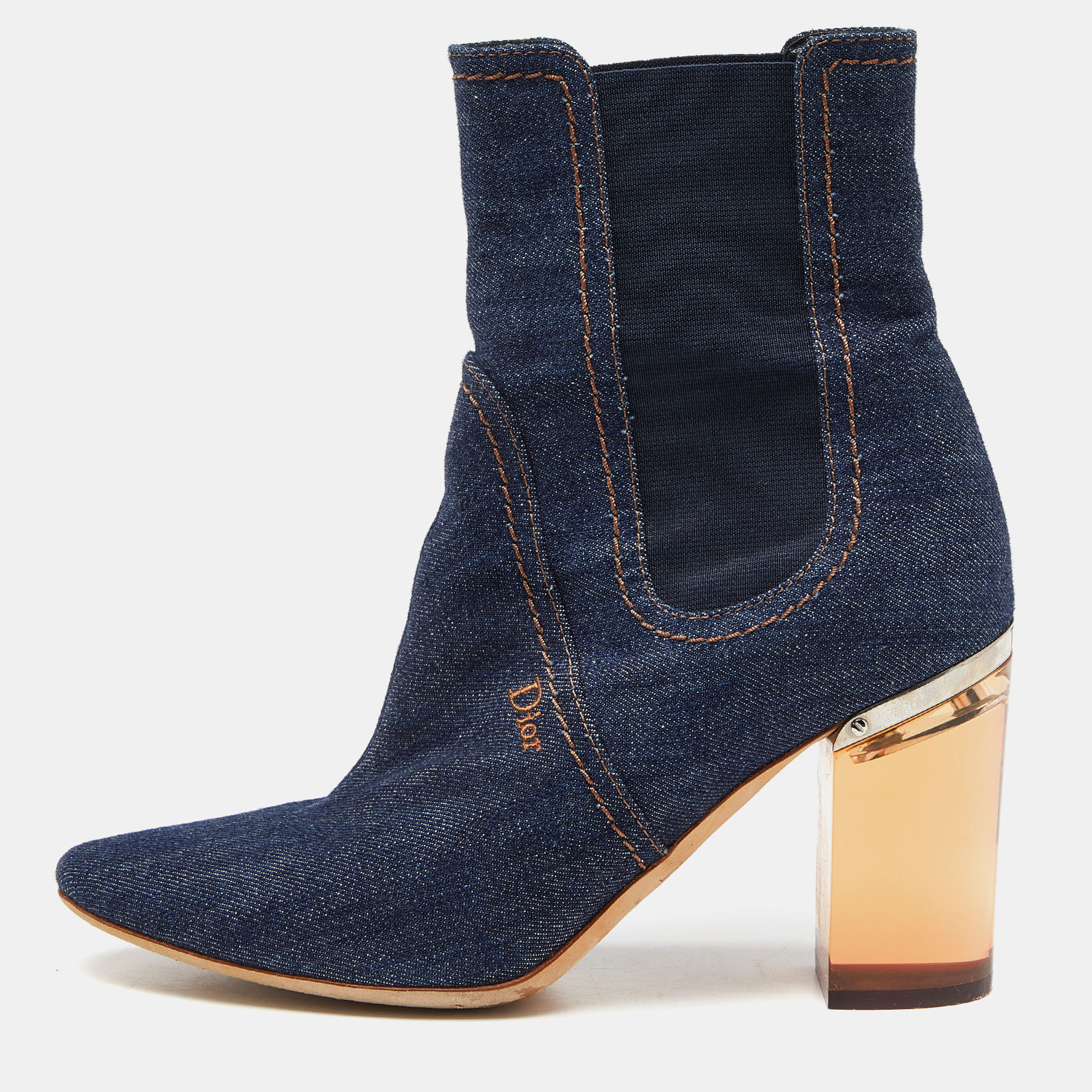 

Dior Blue Denim Cube Block Heel Ankle Booties Size