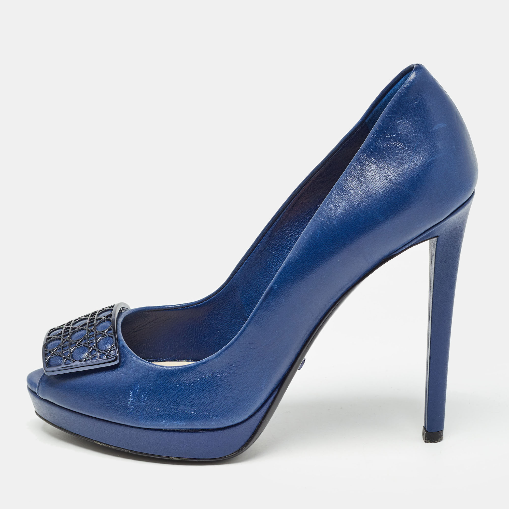 Pre-owned Dior Blue Leather Cannage Plaque Platform Peep Toe Pumps Size 38