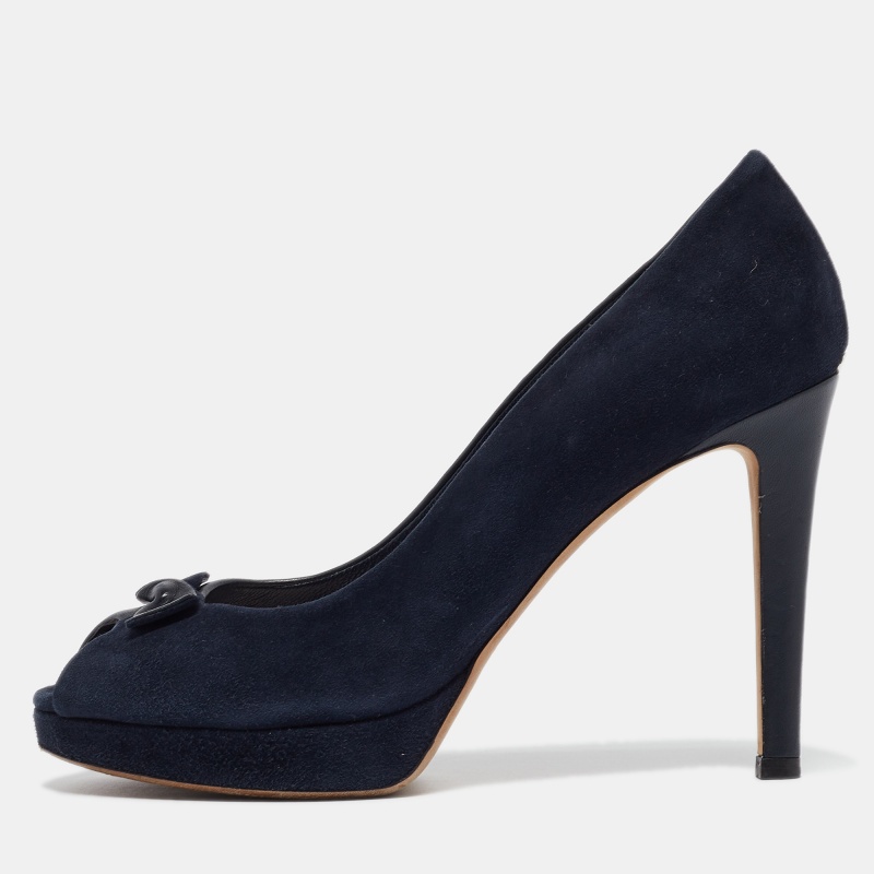 

Dior Navy Blue Suede and Leather Bow Peep Toe Pumps Size