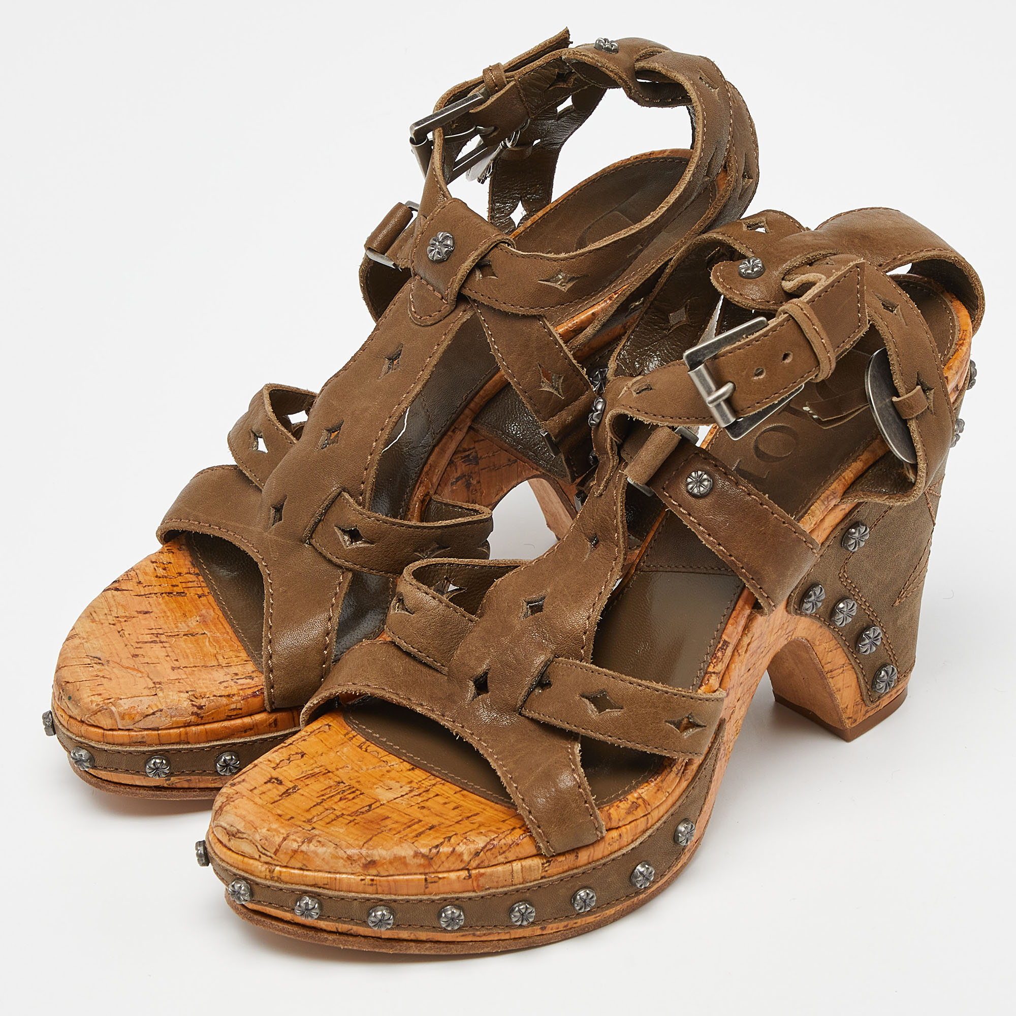 Dior Olive Green Leather Studded Cork Wedge Ankle Strap Sandals Size 37 