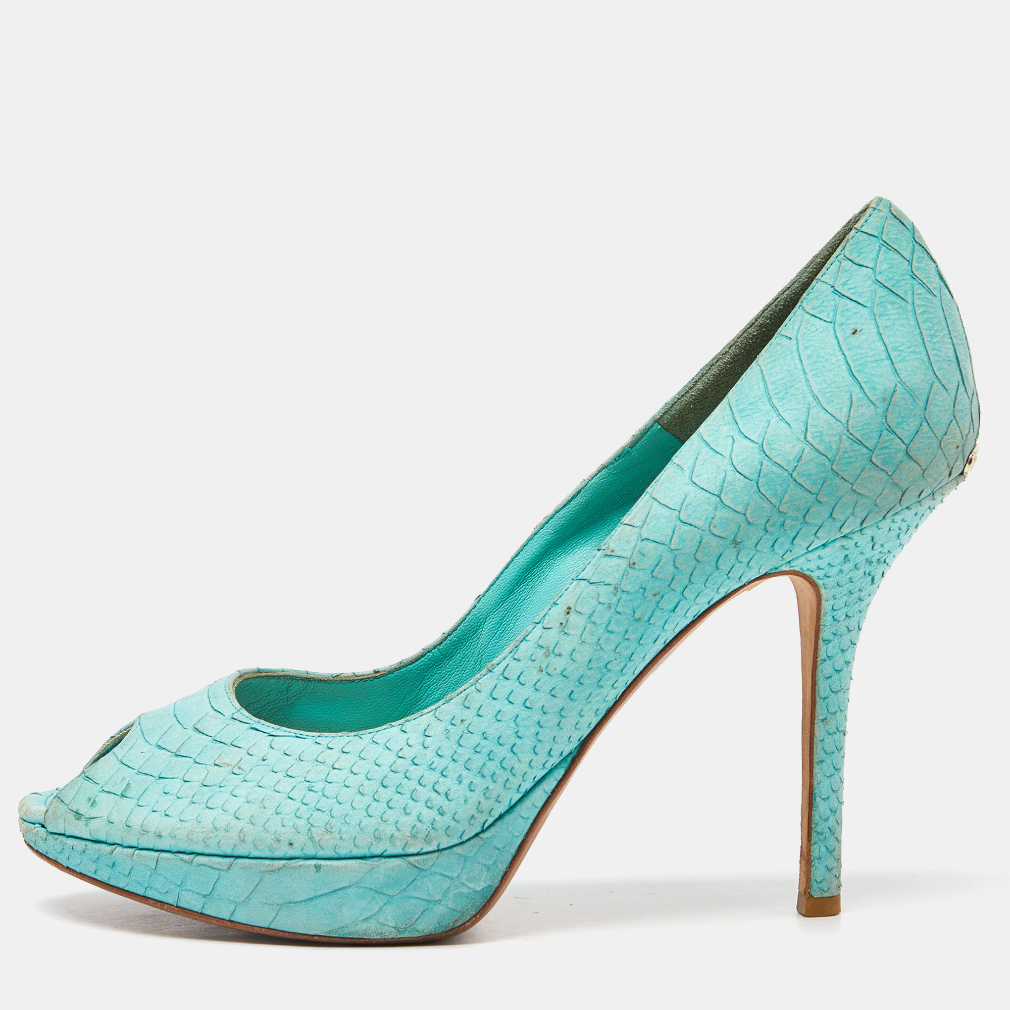

Dior Turquoise Blue Python Embossed Miss Dior Peep Toe Pumps Size