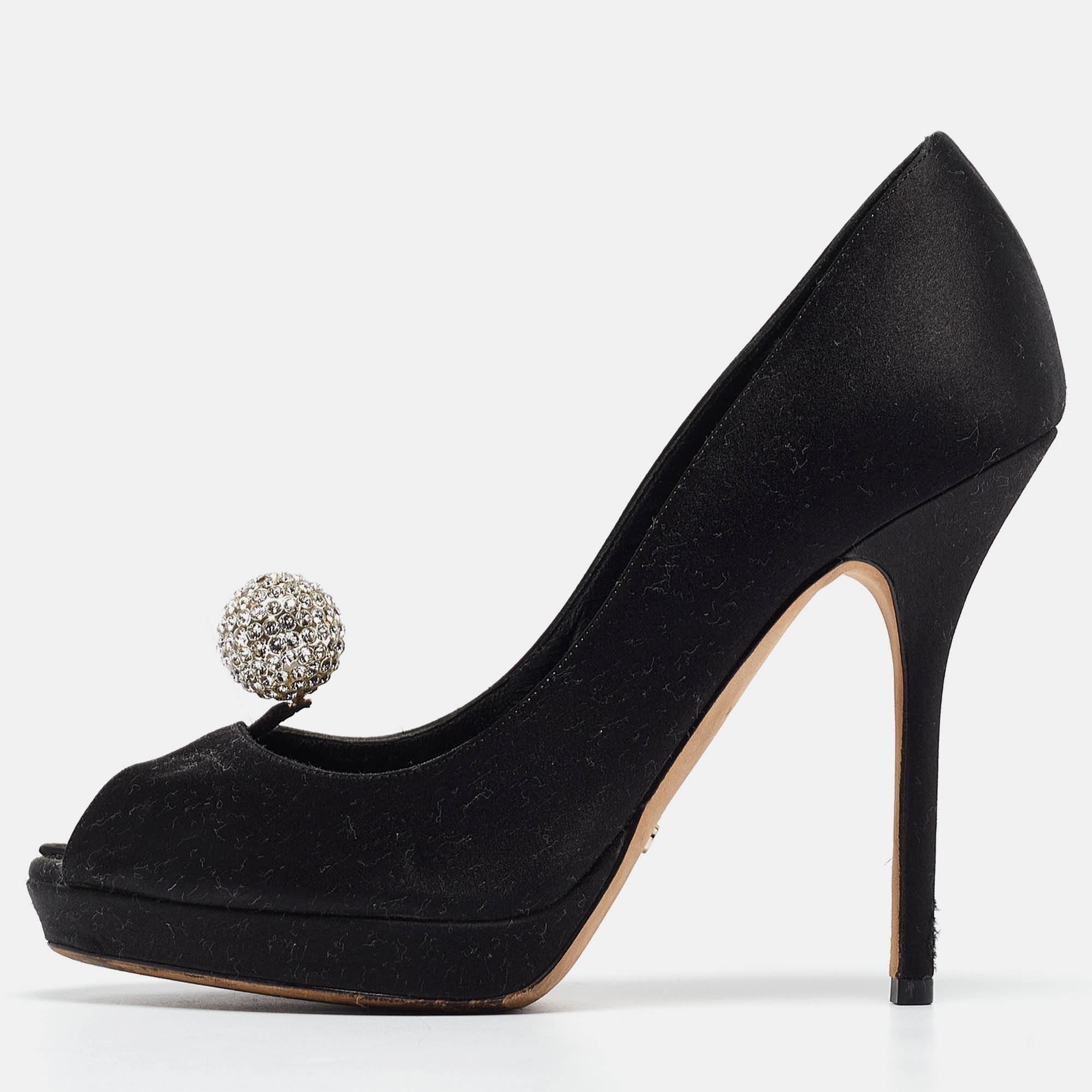 

Dior Black Satin Crystal Embellished Disco Ball Peep Toe Pumps Size