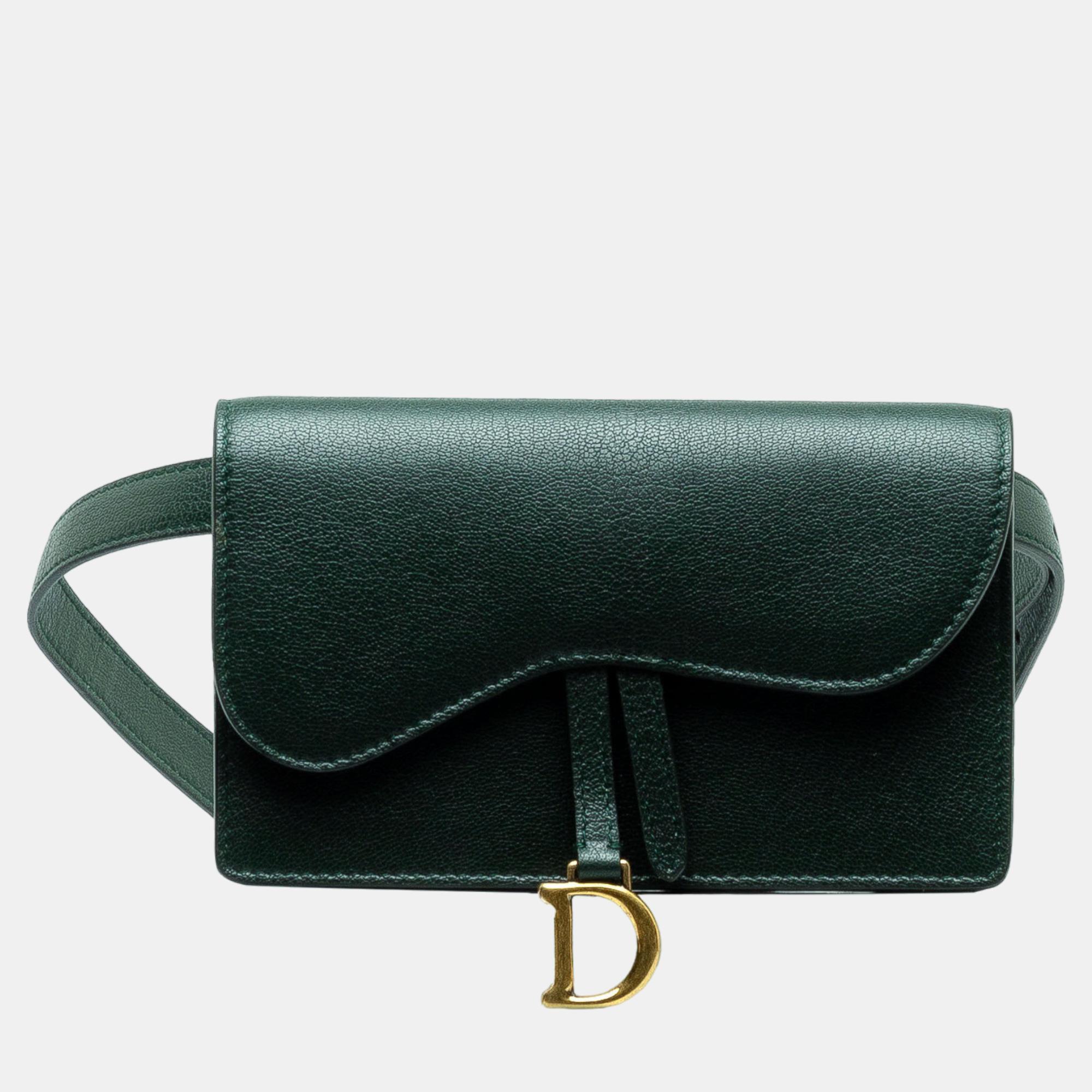 Pre-owned Dior Green Leather Saddle Belt Bag